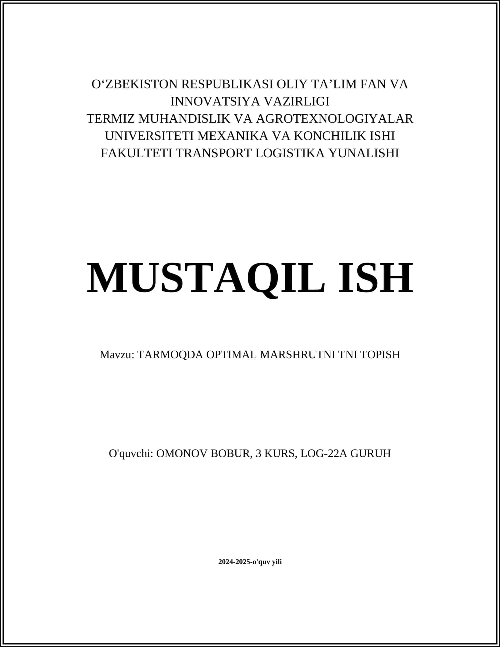 TARMOQDA OPTIMAL MARSHRUTNI TNI TOPISH