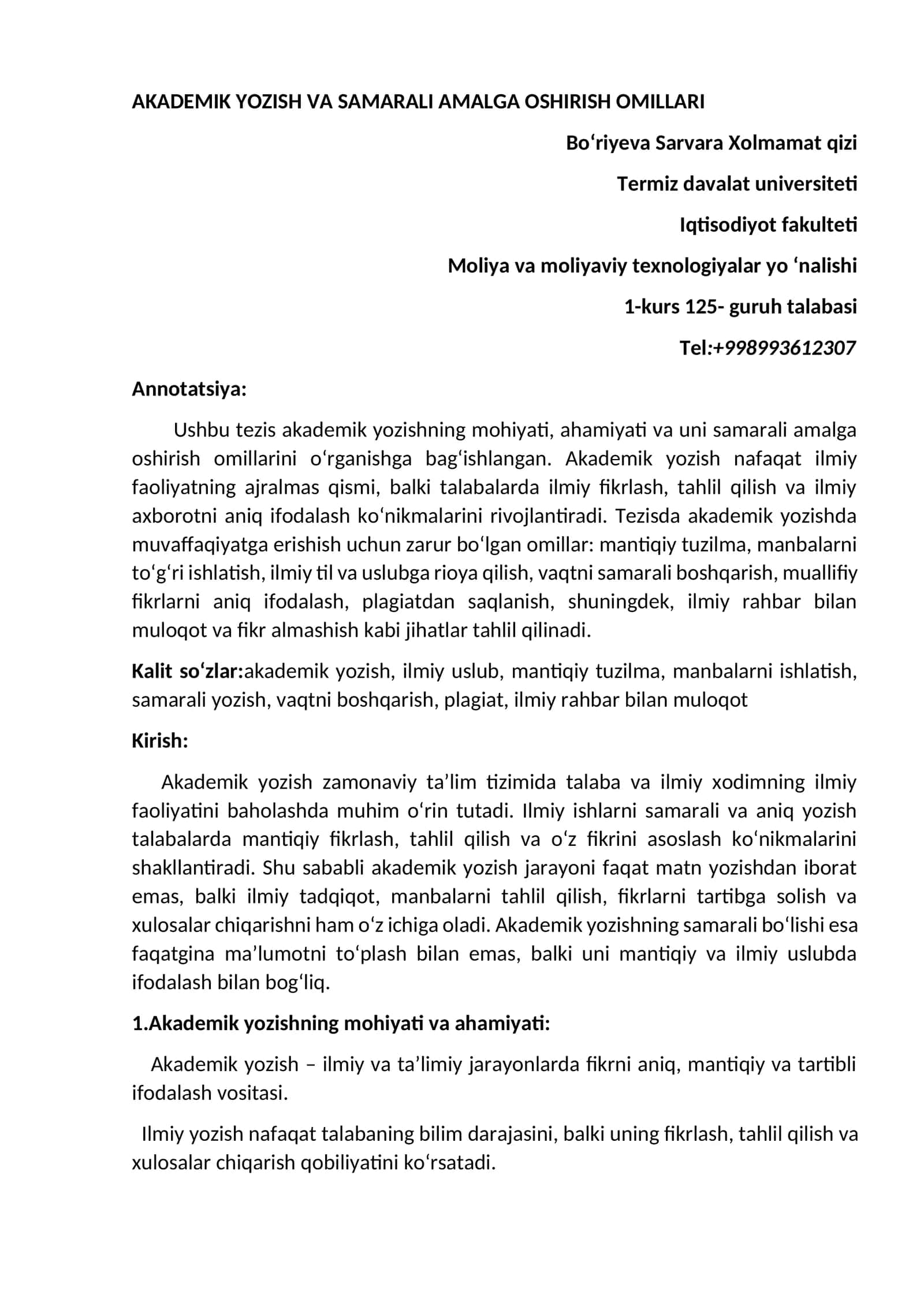 AKADEMIK YOZISH VA SAMARALI AMALGA OSHIRISH OMILLARI