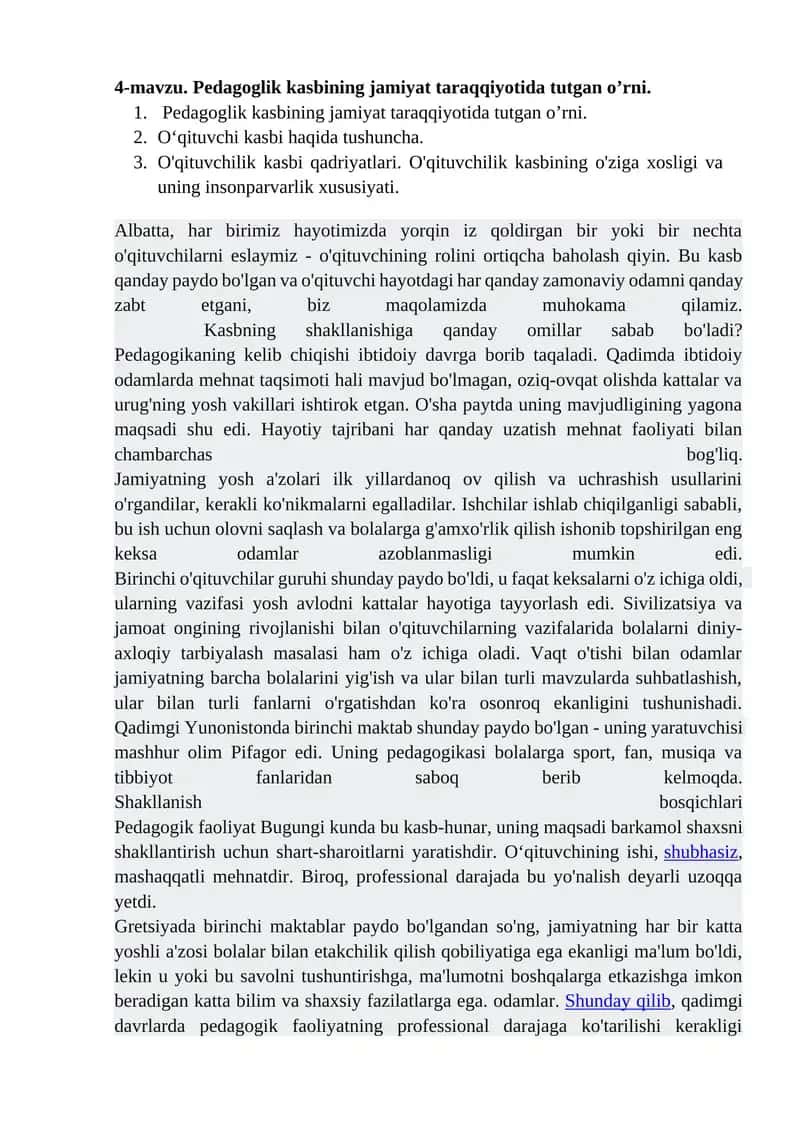 Pedagoglik kasbining jamiyat taraqqiyotida tutgan o’rni