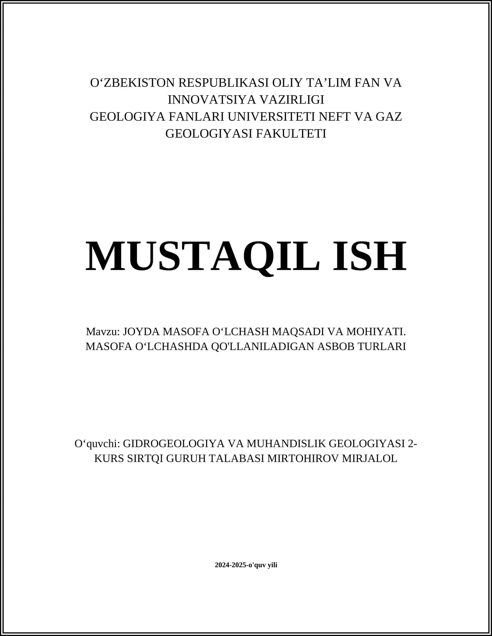 JOYDA MASOFA O‘LCHASH MAQSADI VA MOHIYATI. MASOFA O‘LCHASHDA QO'LLANILADIGAN ASBOB TURLARI