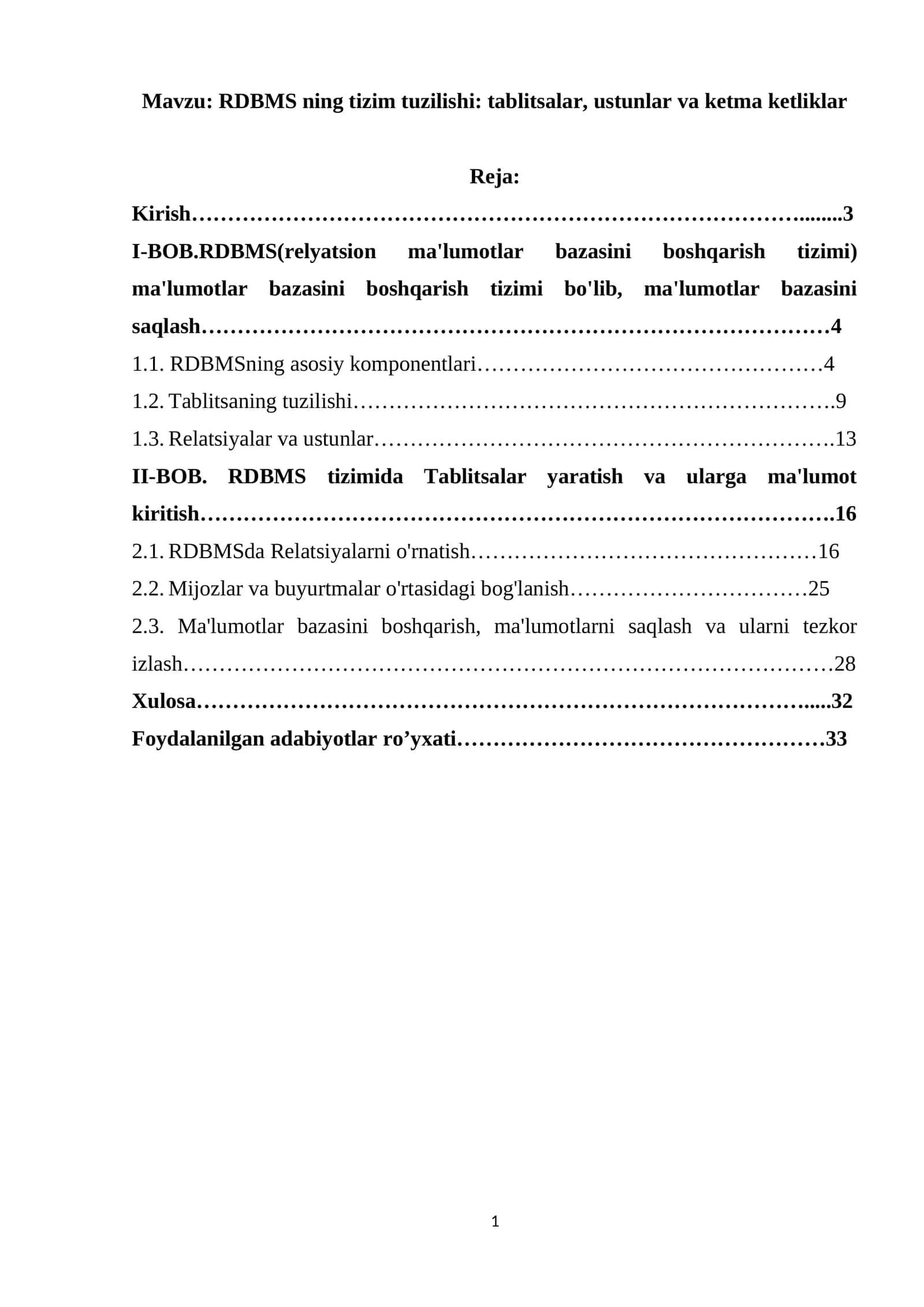 RDBMS ning tizim tuzilishi: tablitsalar, ustunlar va ketma ketliklar