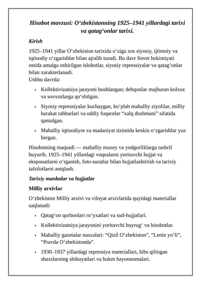 O‘zbekistonning 1925–1941 yillardagi tarixi va qatag‘onlar tarixi