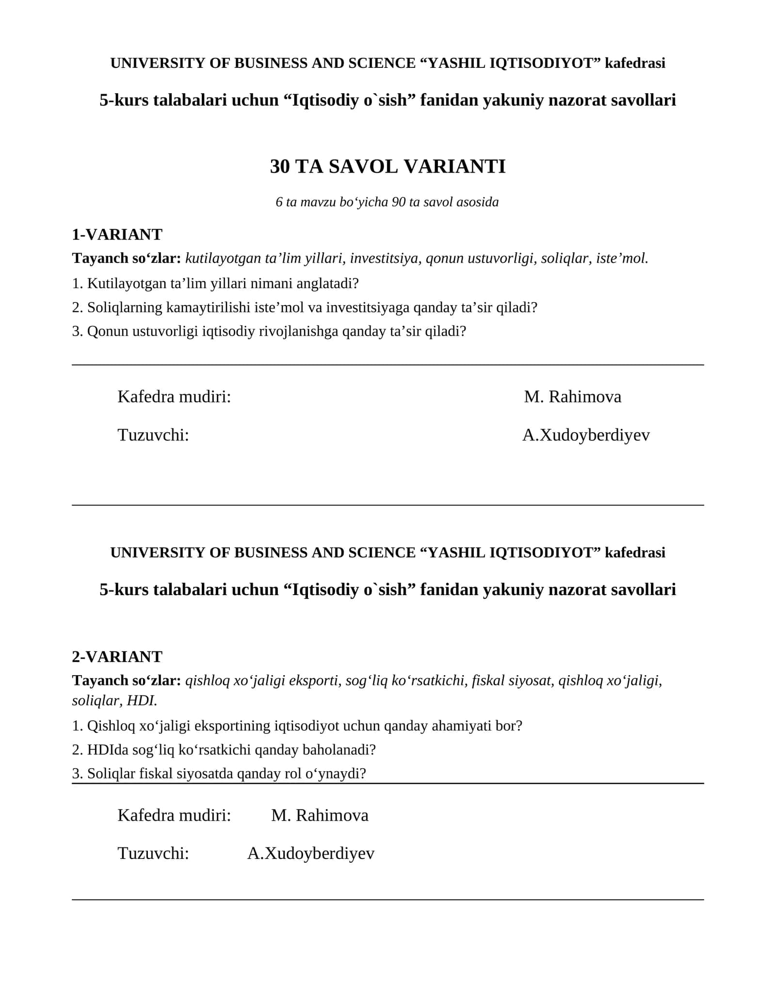 "Iqtisodiy o`sish" yakuniy nazorat savollari