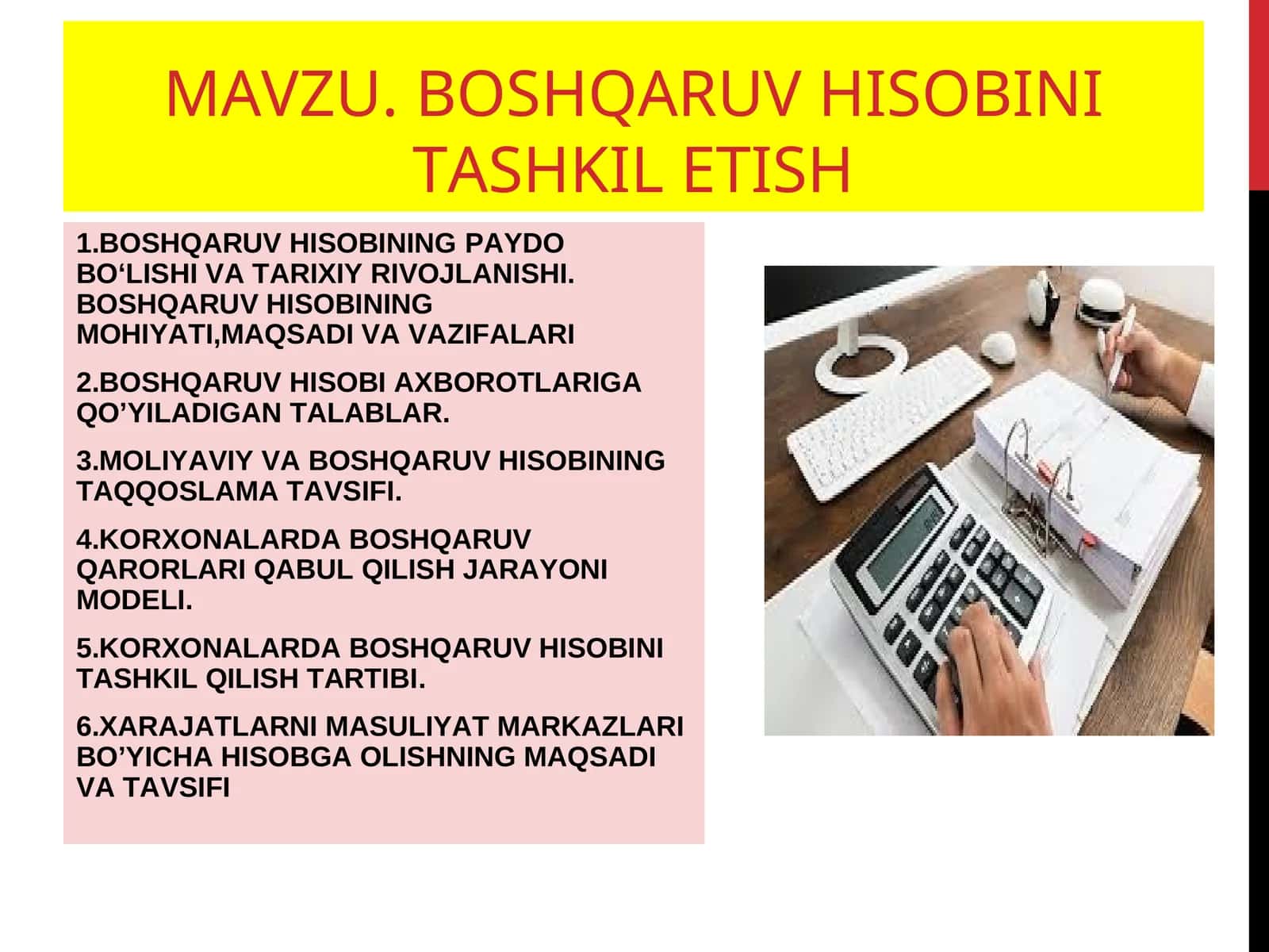 BOSHQARUV HISOBINI TASHKIL ETISH
