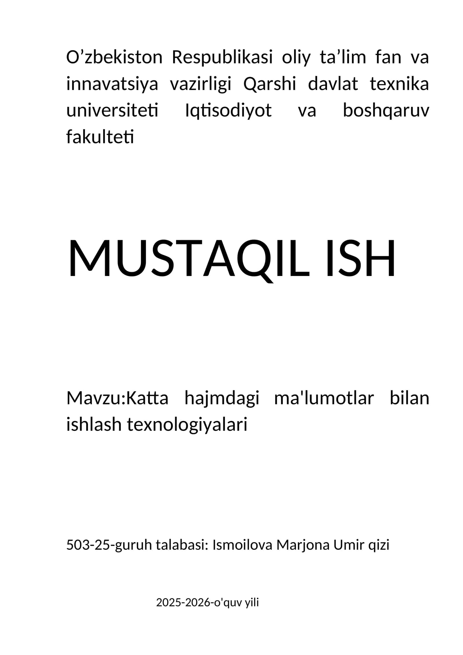 Katta hajmdagi ma'lumotlar bilan ishlash texnologiyalari