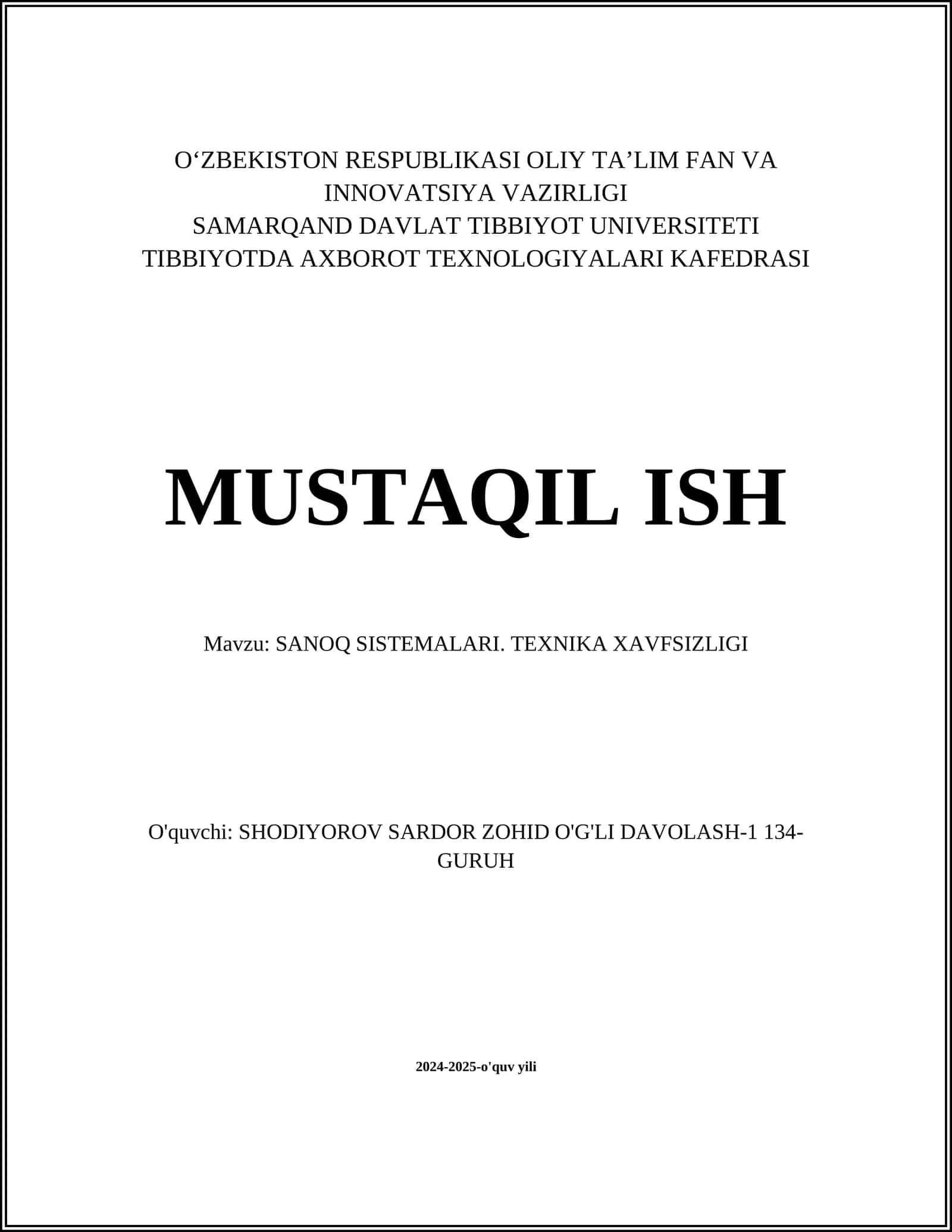 SANOQ SISTEMALARI. TEXNIKA XAVFSIZLIGI