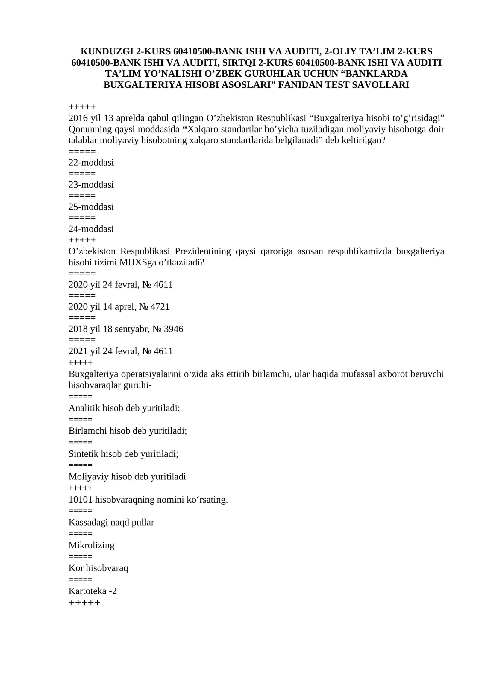 Banklarda buxgalteriya hisobi asoslari BBHA Yakuniy Nazorat 2 TDIU 2026