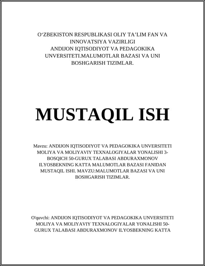 MALUMOTLAR BAZASI VA UNI BOSHGARISH TIZIMLAR