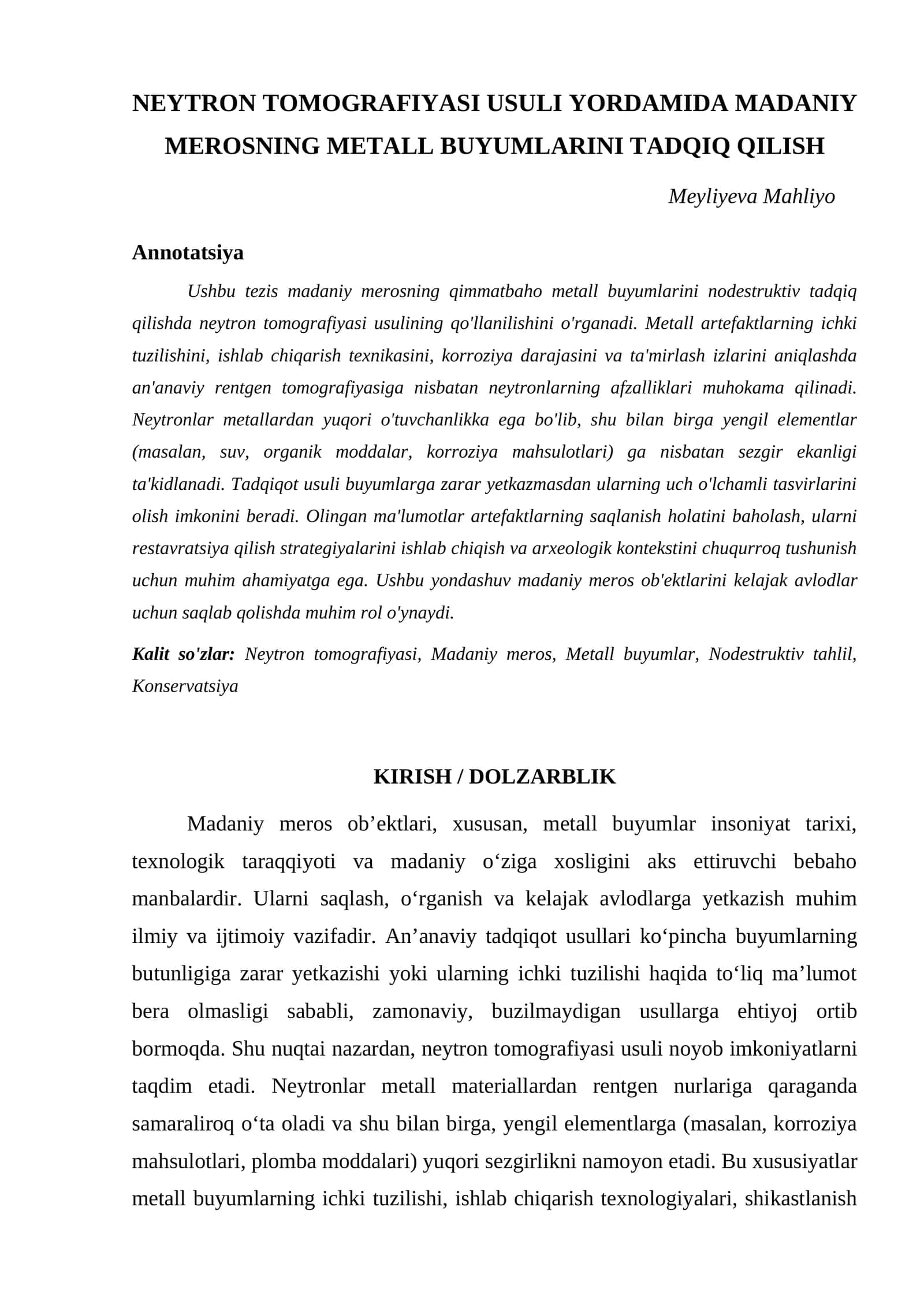 NEYTRON TOMOGRAFIYASI USULI YORDAMIDA MADANIY MEROSNING METALL BUYUMLARINI TADQIQ QILISH