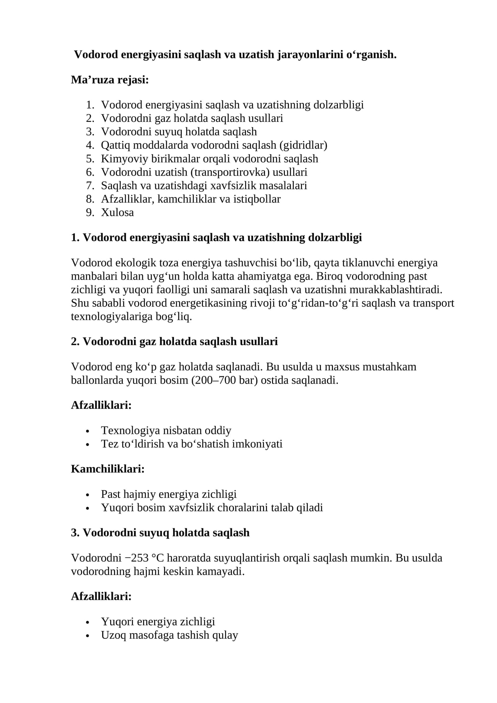 Vodorod energiyasini saqlash va uzatish jarayonlarini o‘rganish