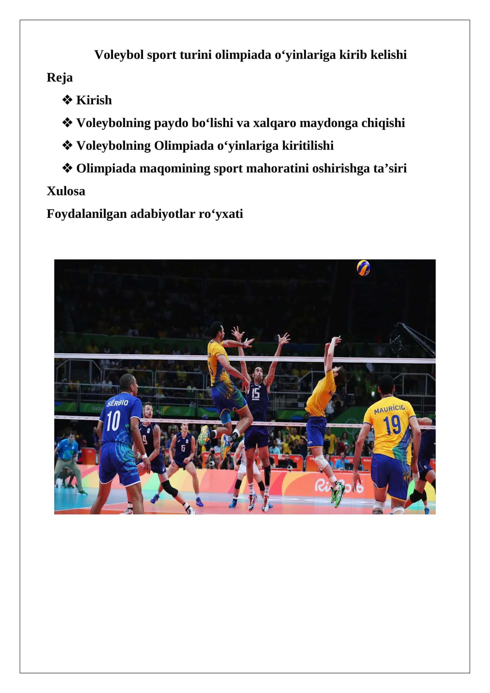 Voleybol sport turini olimpiada o‘yinlariga kirib kelishi
