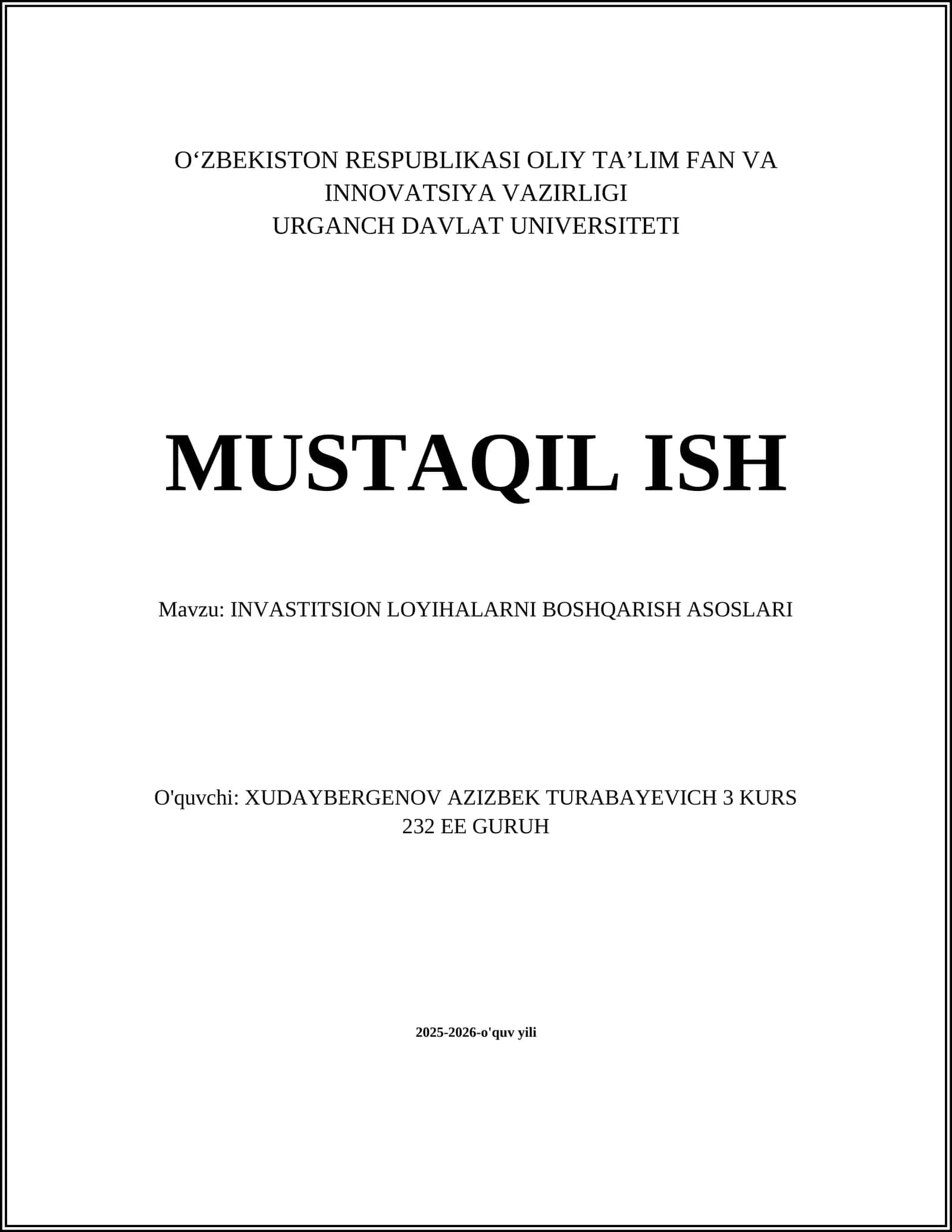 INVASTITSION LOYIHALARNI BOSHQARISH ASOSLARI