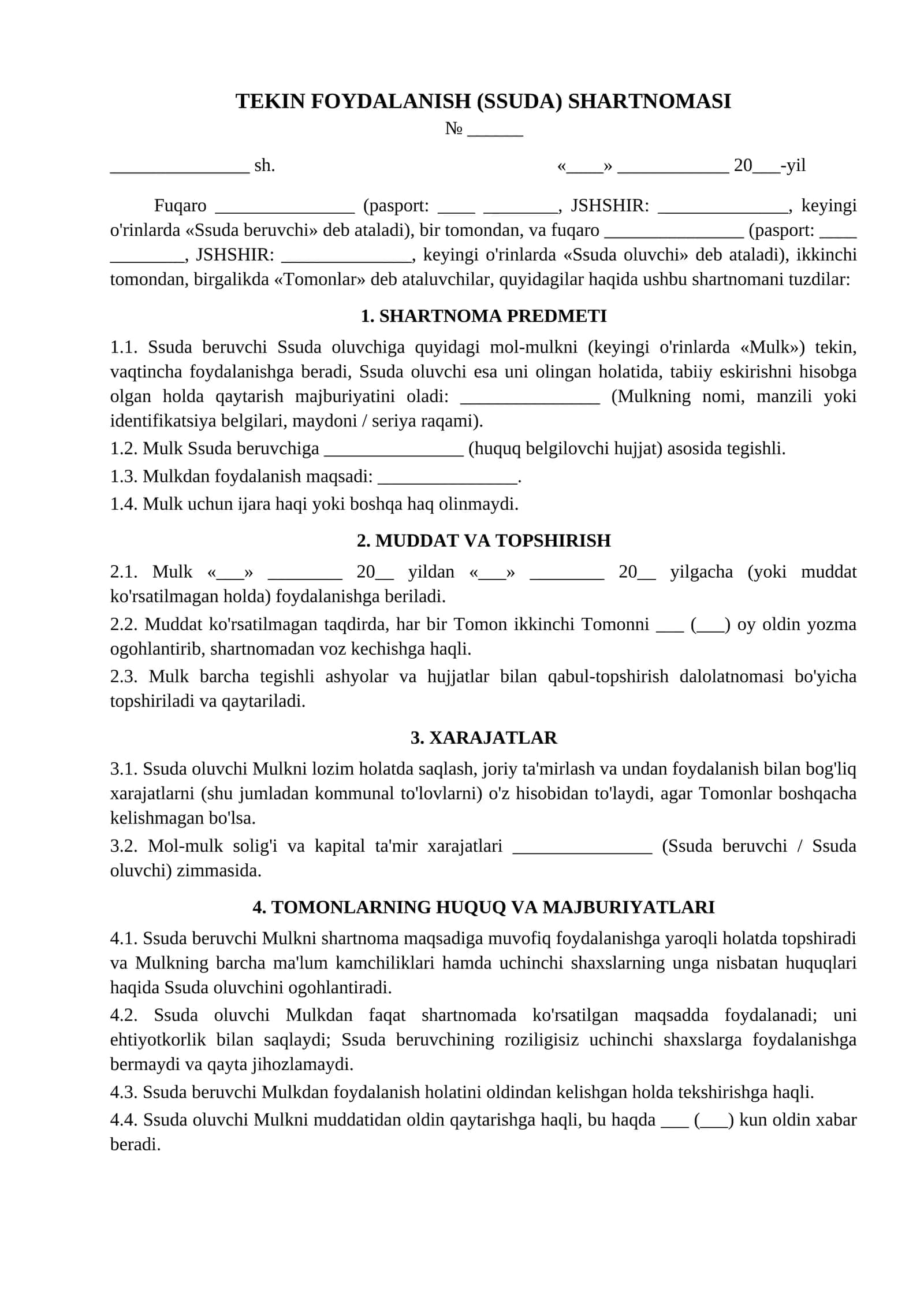 Tekin foydalanish ssuda shartnomasi namunasi