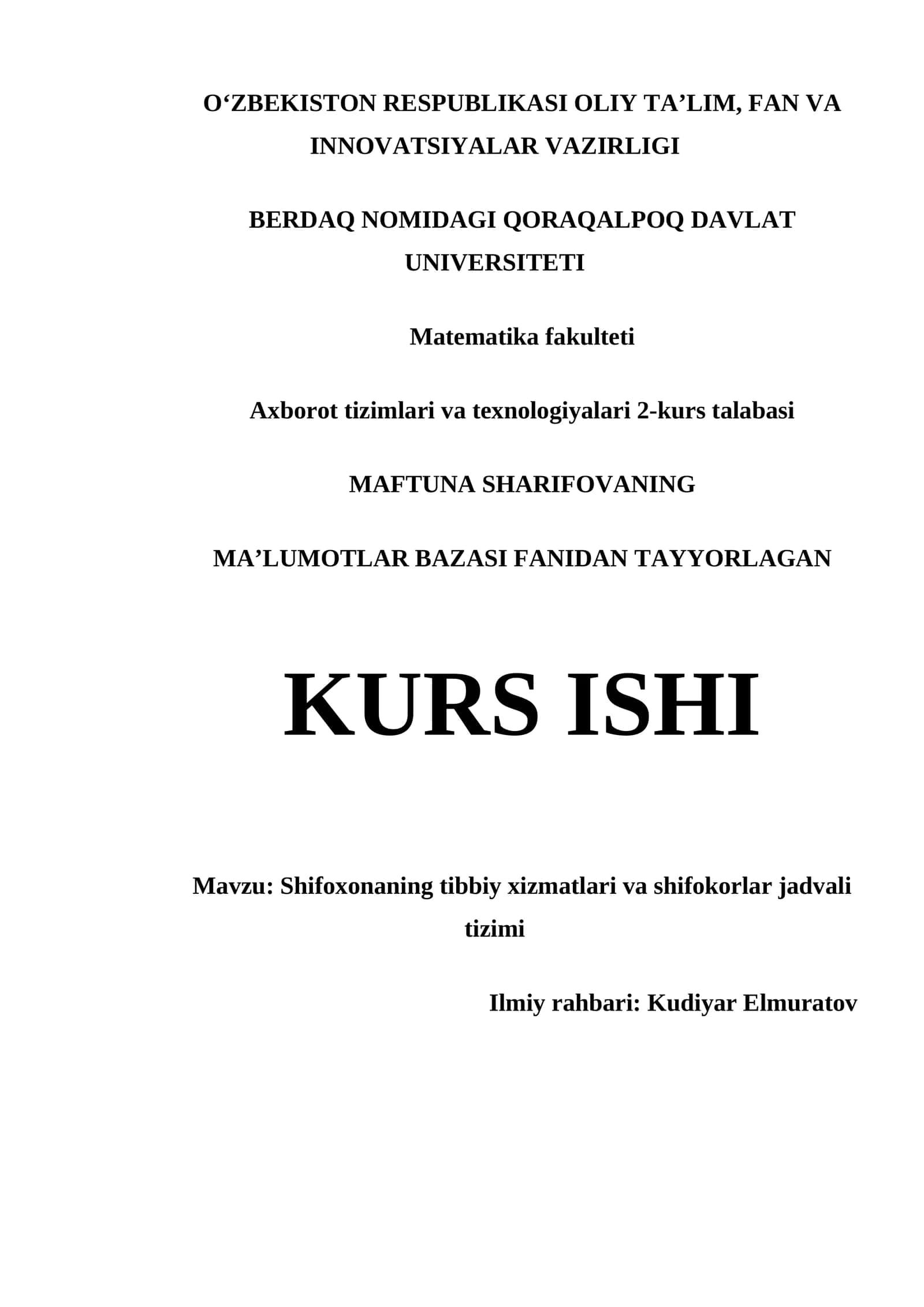 SHIFOXONANING TIBBIY XIZMATLARI VA SHIFOKORLAR JADVALI TIZIMI