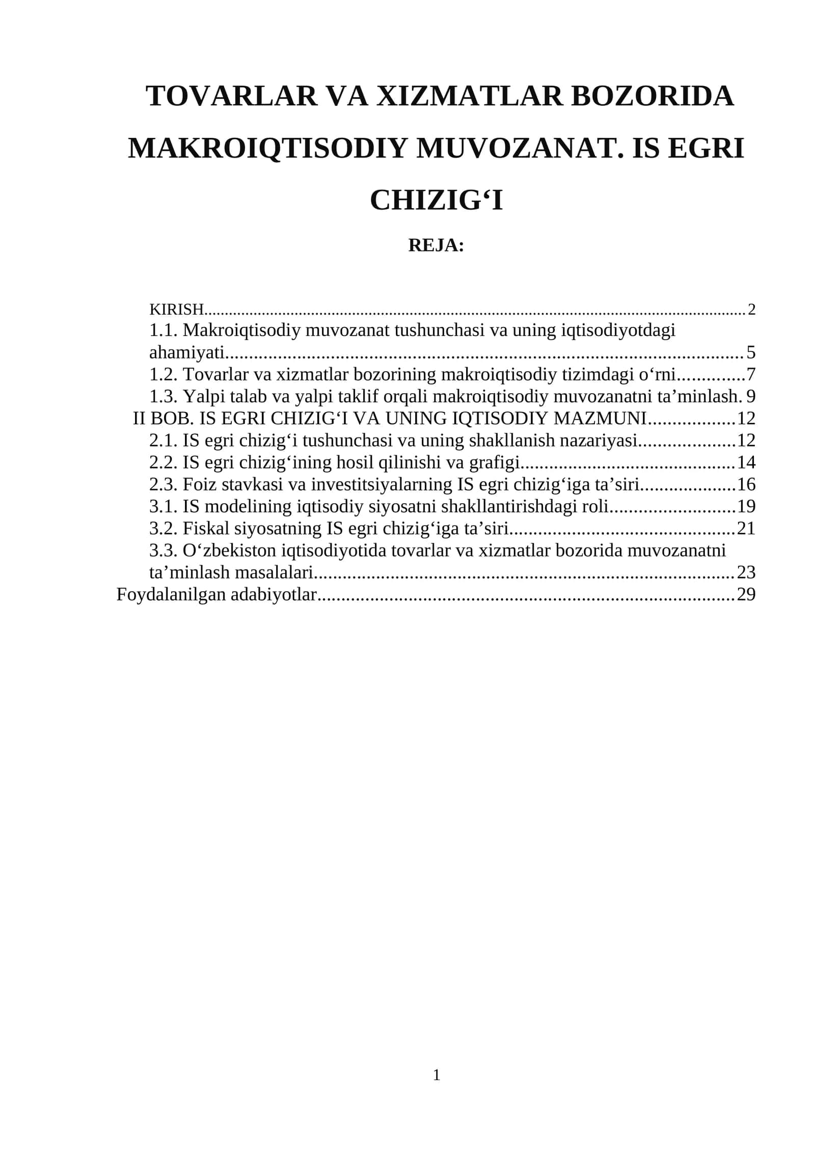 TOVARLAR VA XIZMATLAR BOZORIDA MAKROIQTISODIY MUVOZANAT