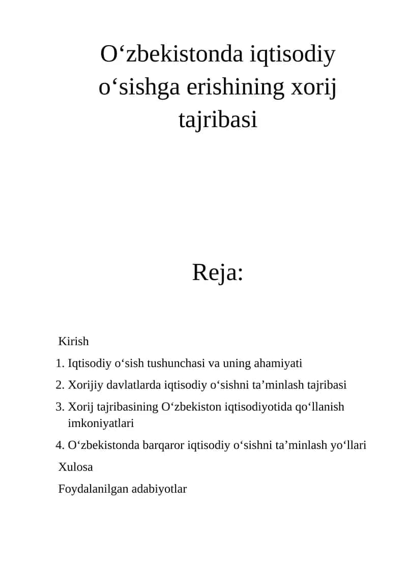 O‘zbekistonda iqtisodiy o‘sishga erishining xorij tajribasi