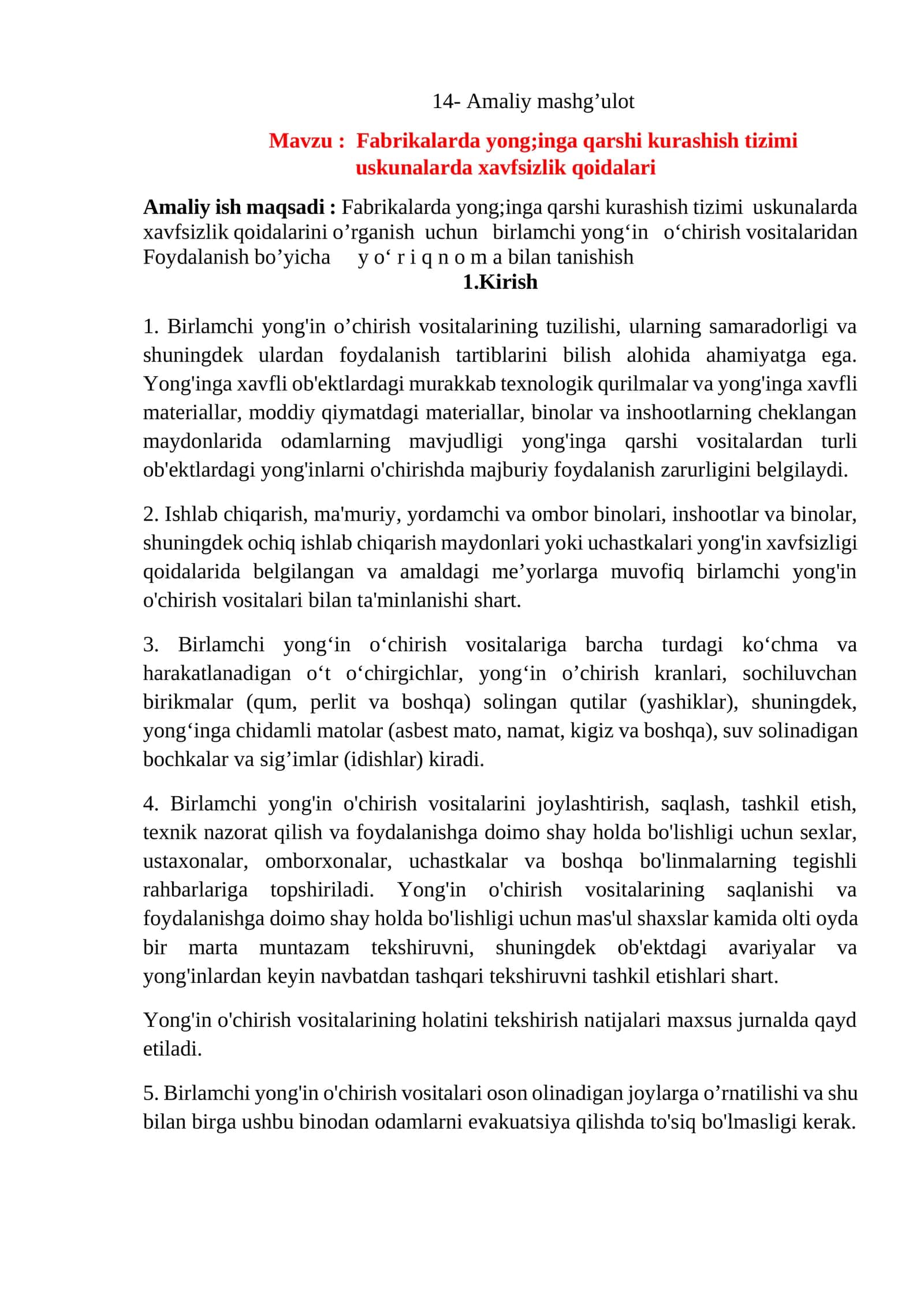 Fabrikalarda yong;inga qarshi kurashish tizimi uskunalarda xavfsizlik qoidalari