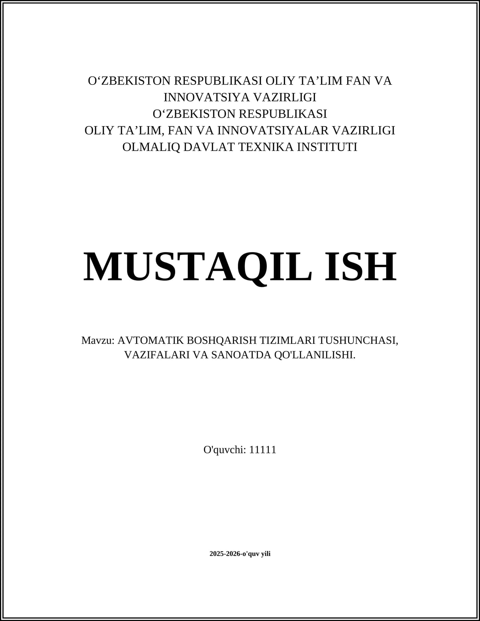 AVTOMATIK BOSHQARISH TIZIMLARI