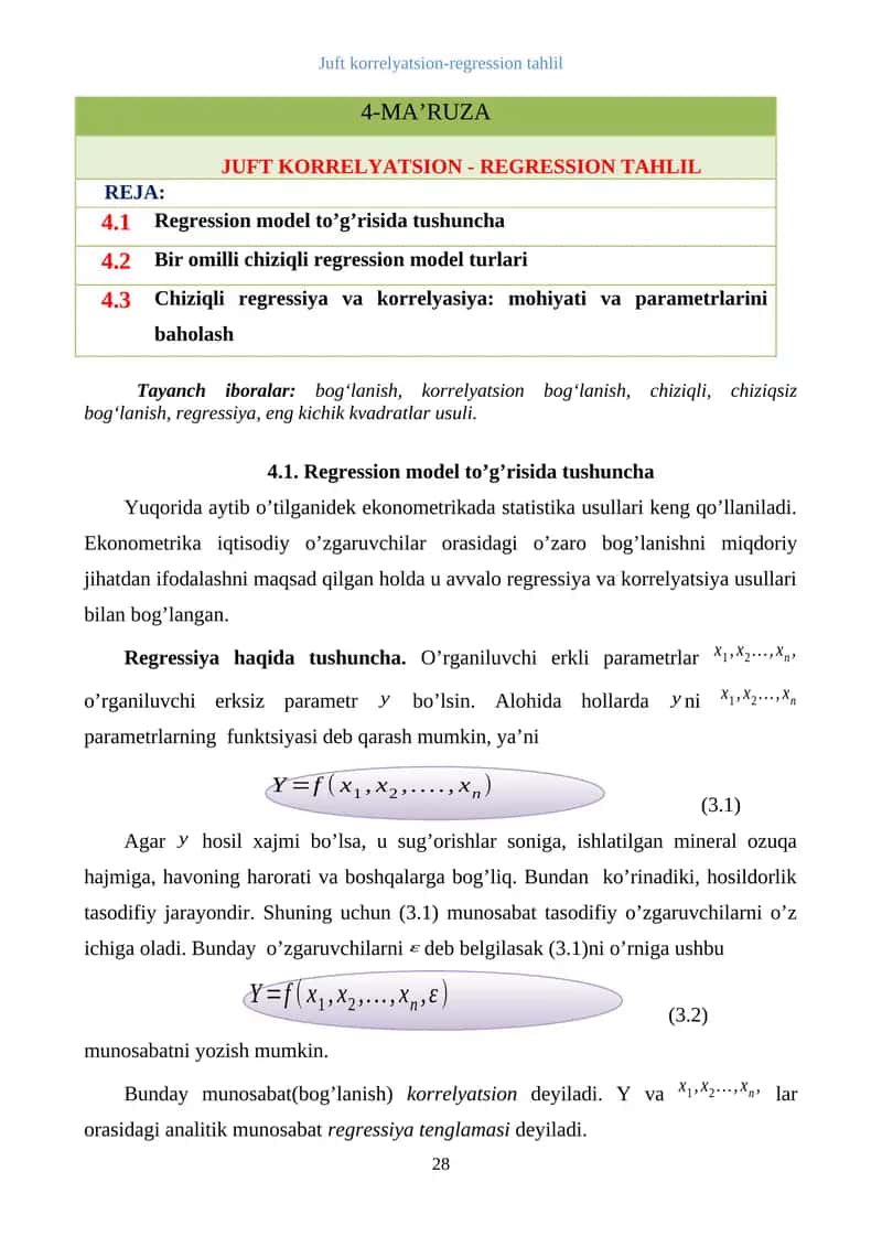 Juft korrelyatsion-regression tahlil