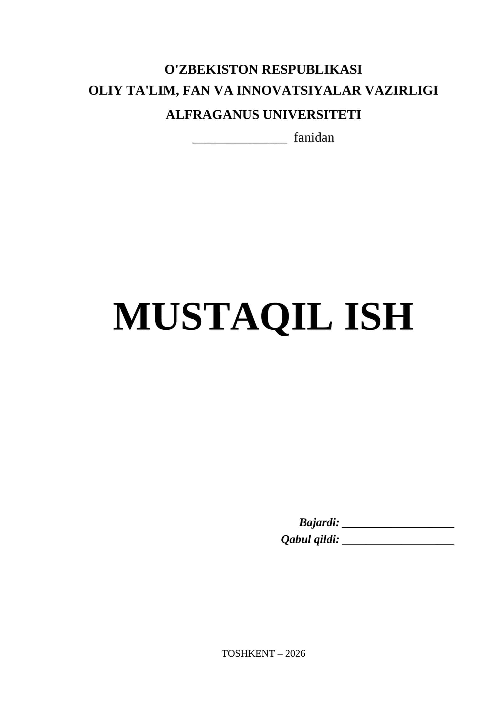 Alfraganus Universiteti Mustaqil Ish Titul Varaq (.docx)