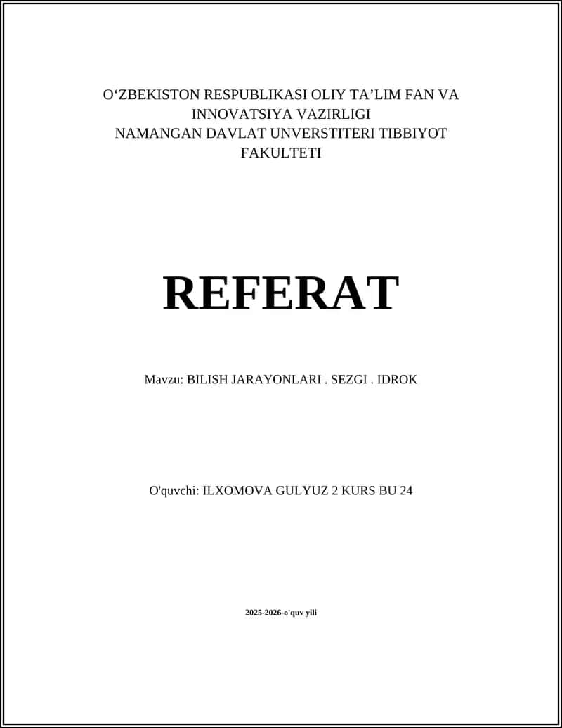 BILISH JARAYONLARI. SEZGI. IDROK