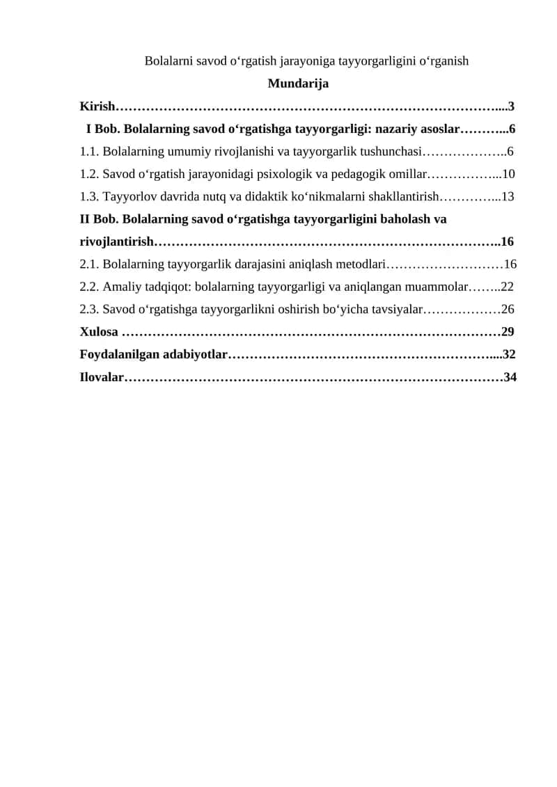 Bolalarni savod ôrgatish jarayoniga tayyorgarlikni ôrganish