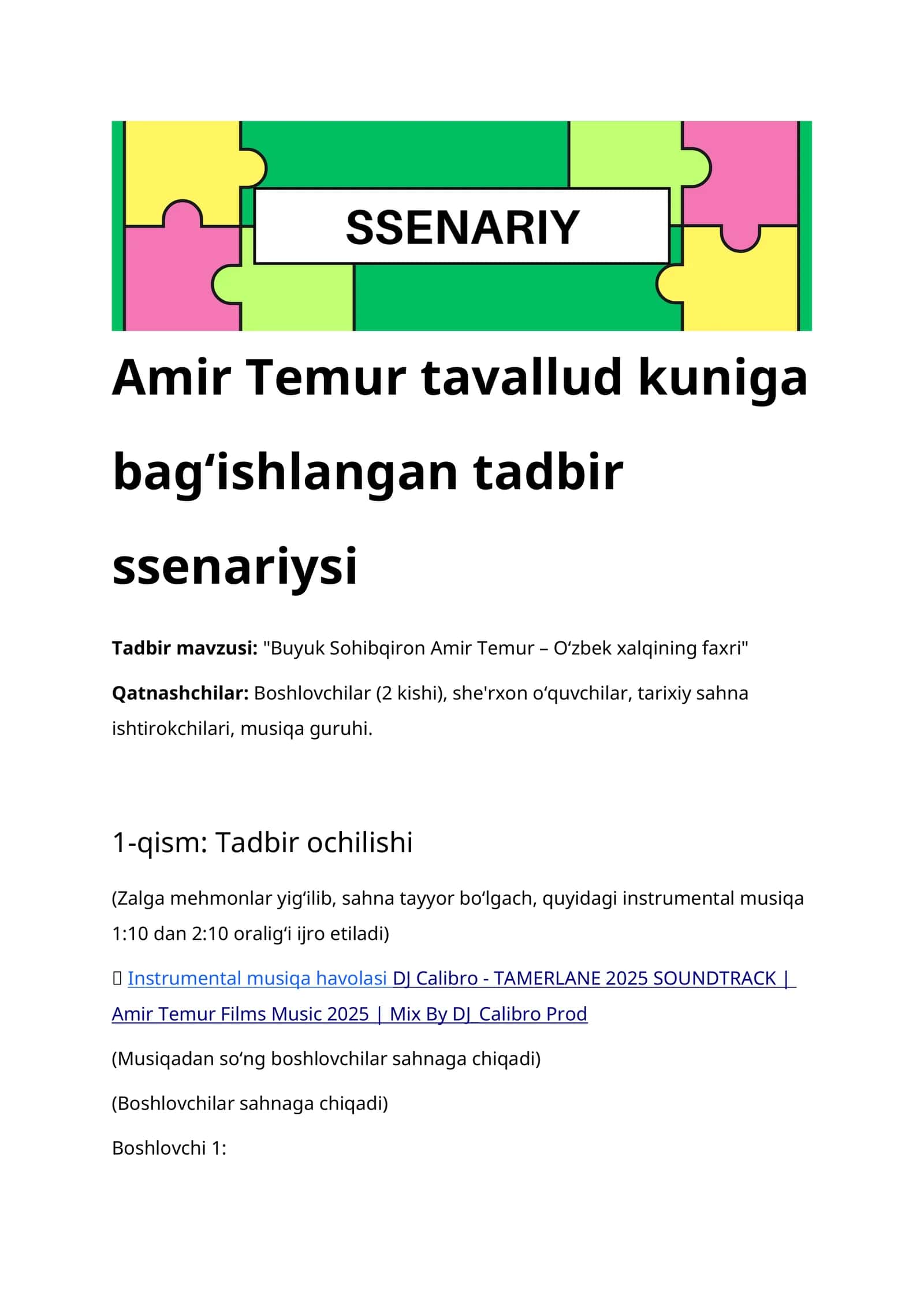 "Buyuk Sohibqiron Amir Temur – O‘zbek xalqining faxri"