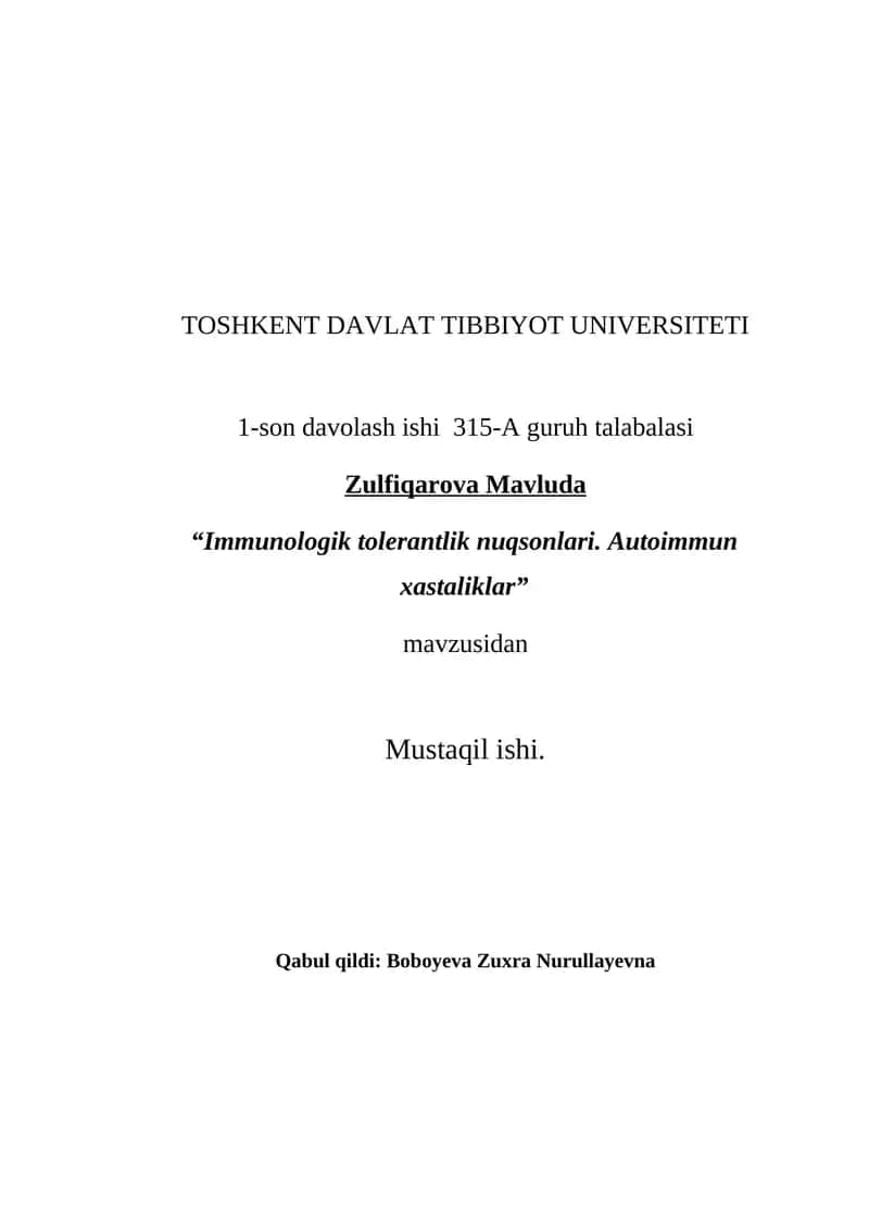 Immunologik tolerantlik nuqsonlari. Autoimmun xastaliklar