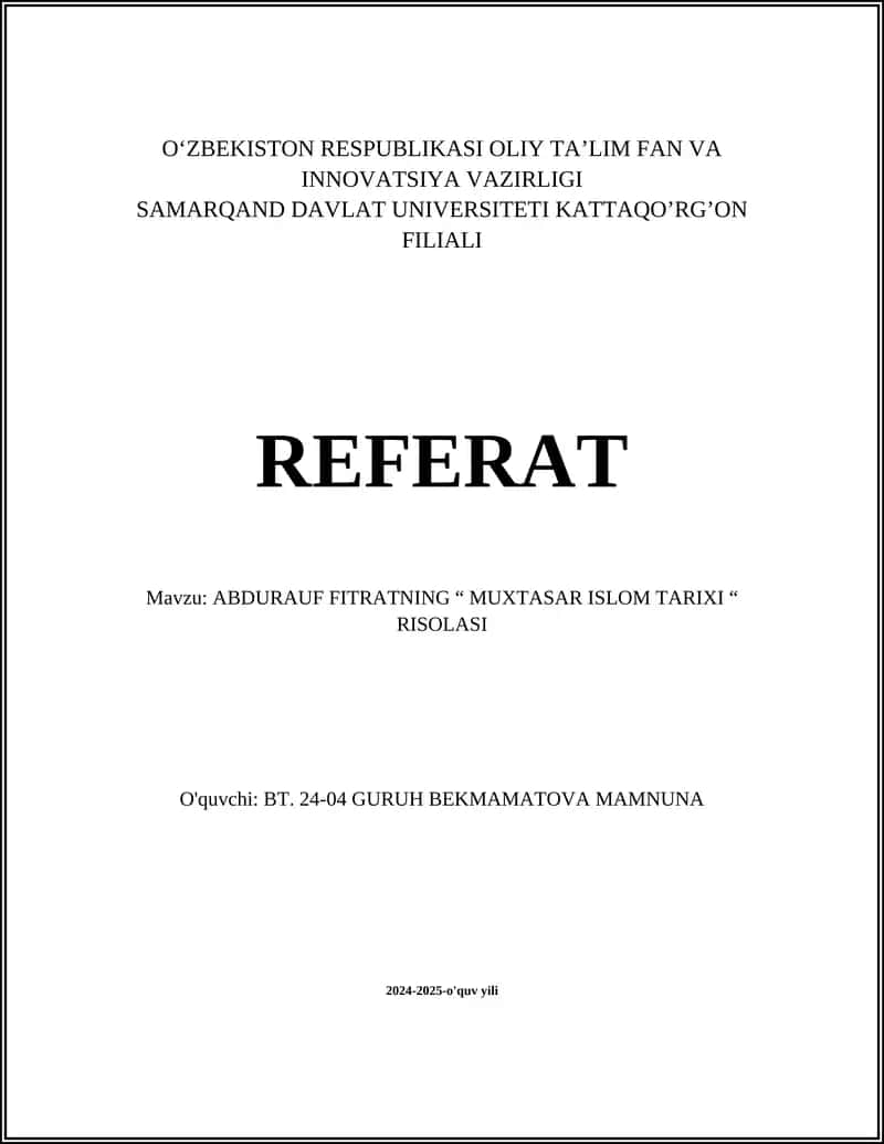 ABDURAUF FITRATNING “ MUXTASAR ISLOM TARIXI “ RISOLASI