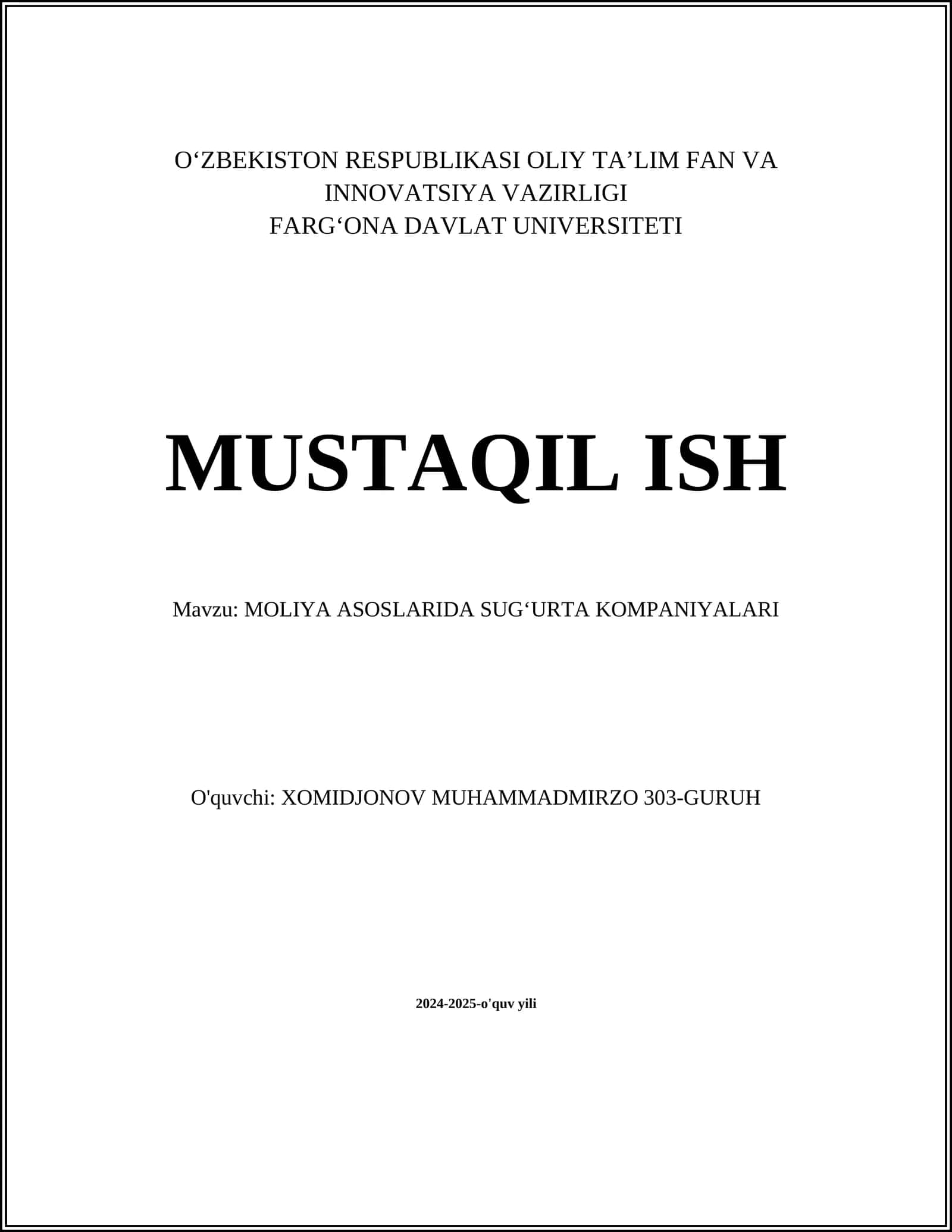 MOLIYA ASOSLARIDA SUGʻURTA KOMPANIYALARI