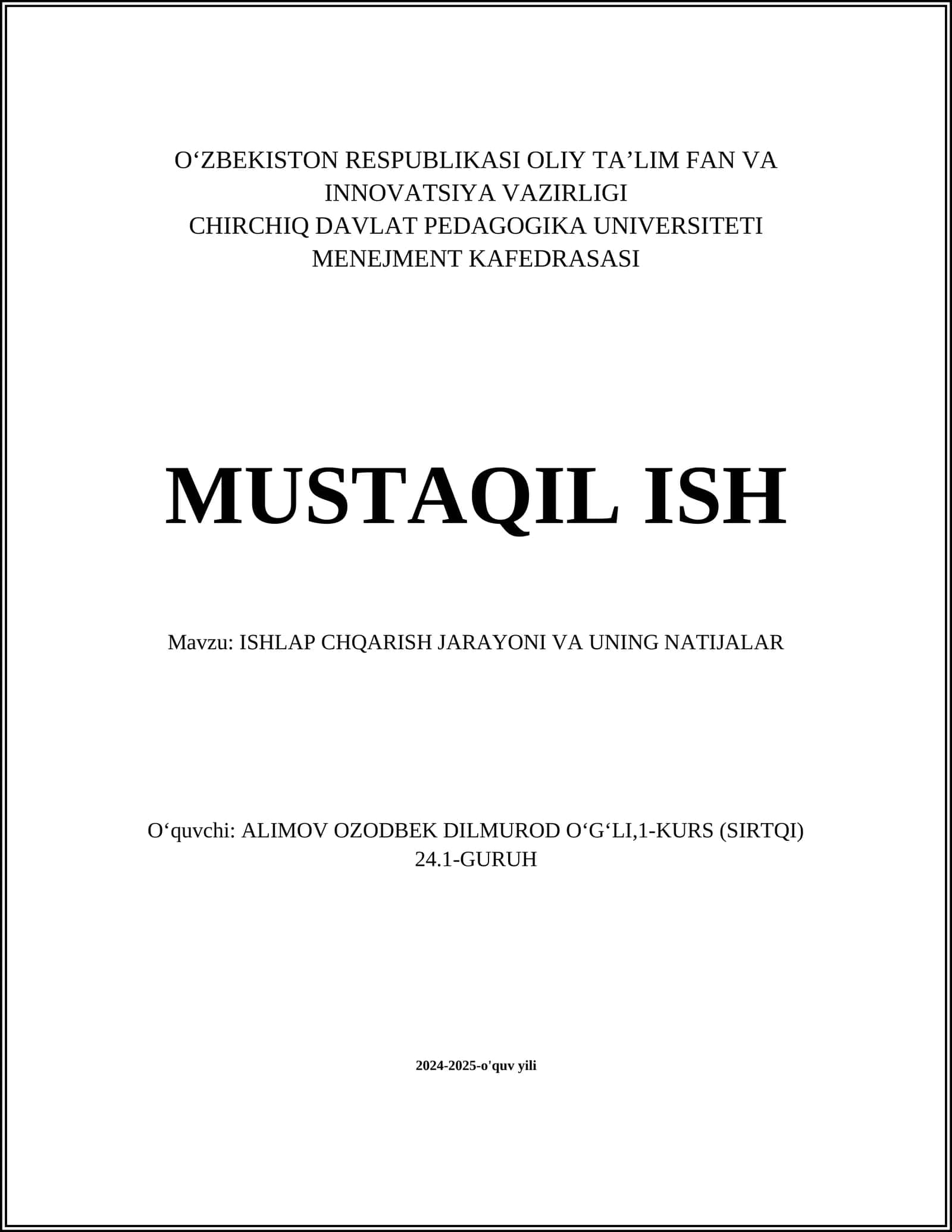 ISHLAP CHQARISH JARAYONI VA UNING NATIJALAR