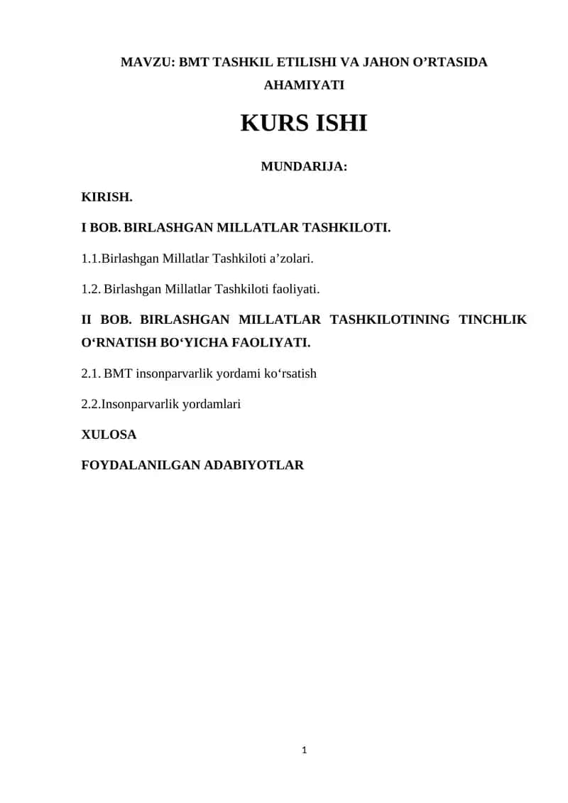 Birlashgan Millatlar Tashkiloti Kurs Ishi