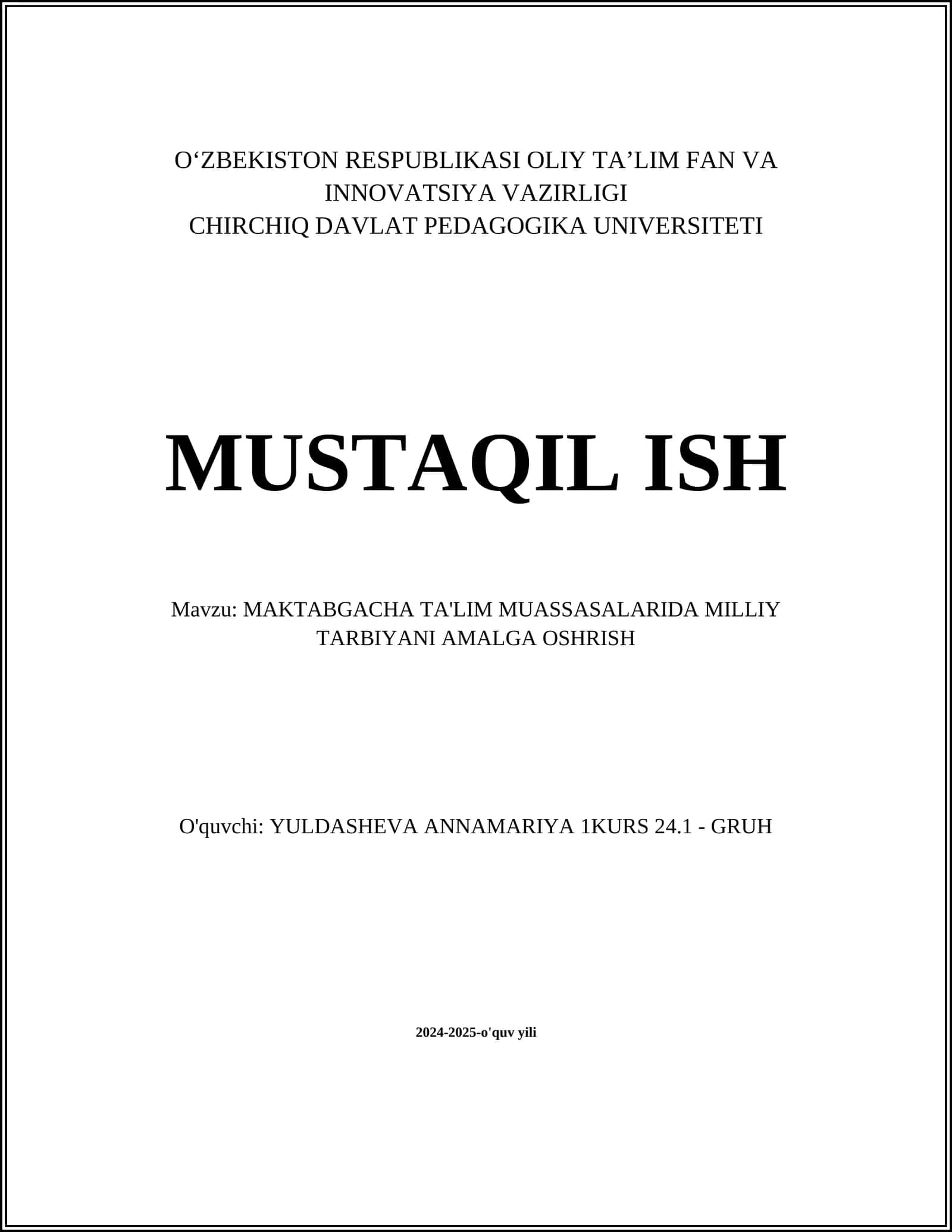 MAKTABGACHA TA'LIM MUASSASALARIDA MILLIY TARBIYANI AMALGA OSHRISH