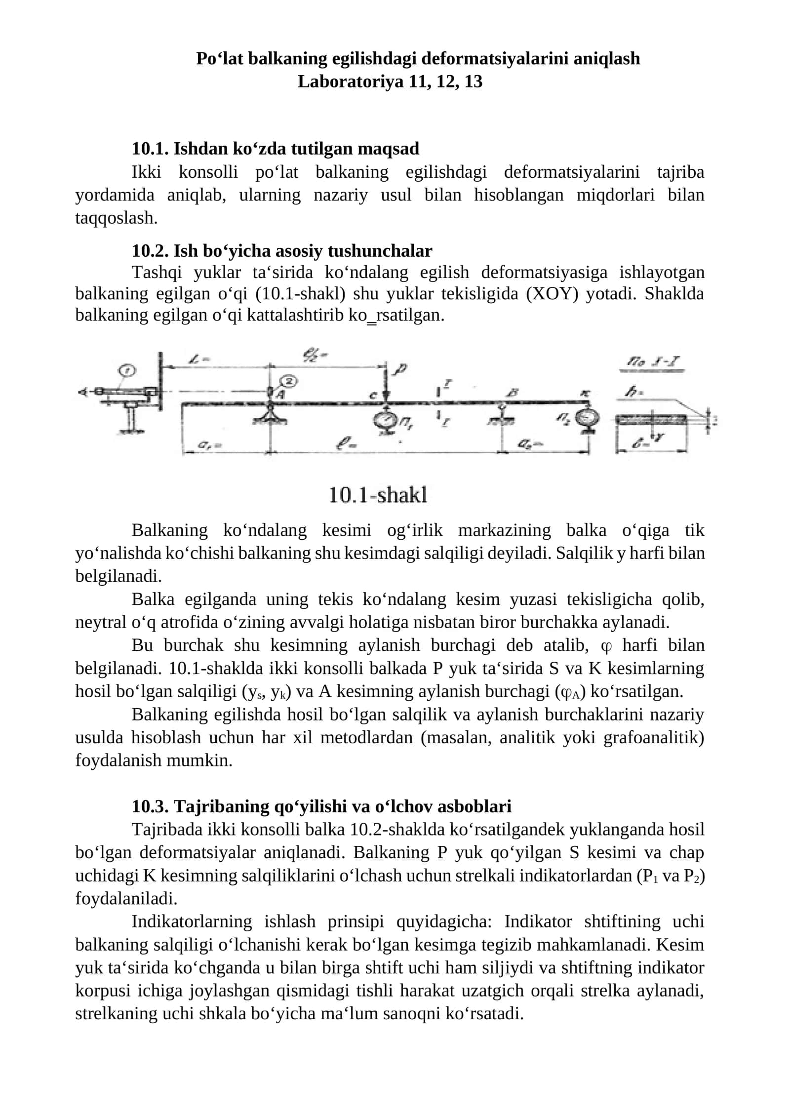 Po‘lat balkaning egilishdagi deformatsiyalarini aniqlash