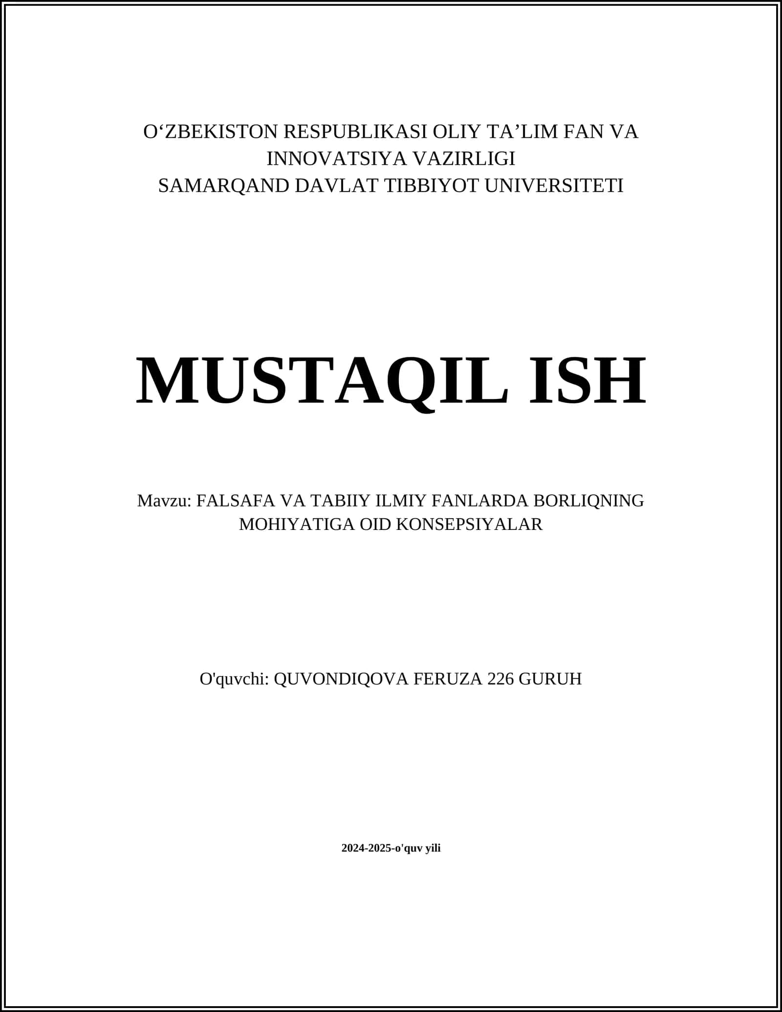 FALSAFA VA TABIIY ILMIY FANLARDA BORLIQNING MOHIYATIGA OID KONSEPSIYALAR