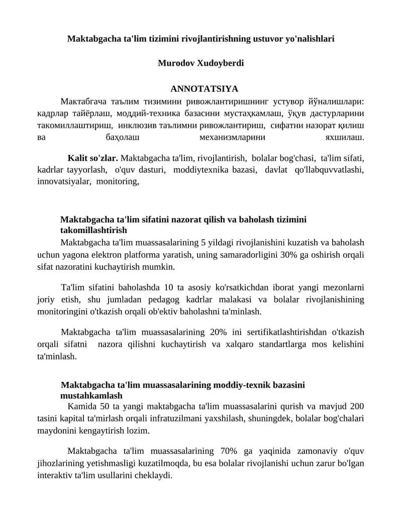 Maktabgacha ta'lim sifatini nazorat qilish va baholash tizimini takomillashtirish