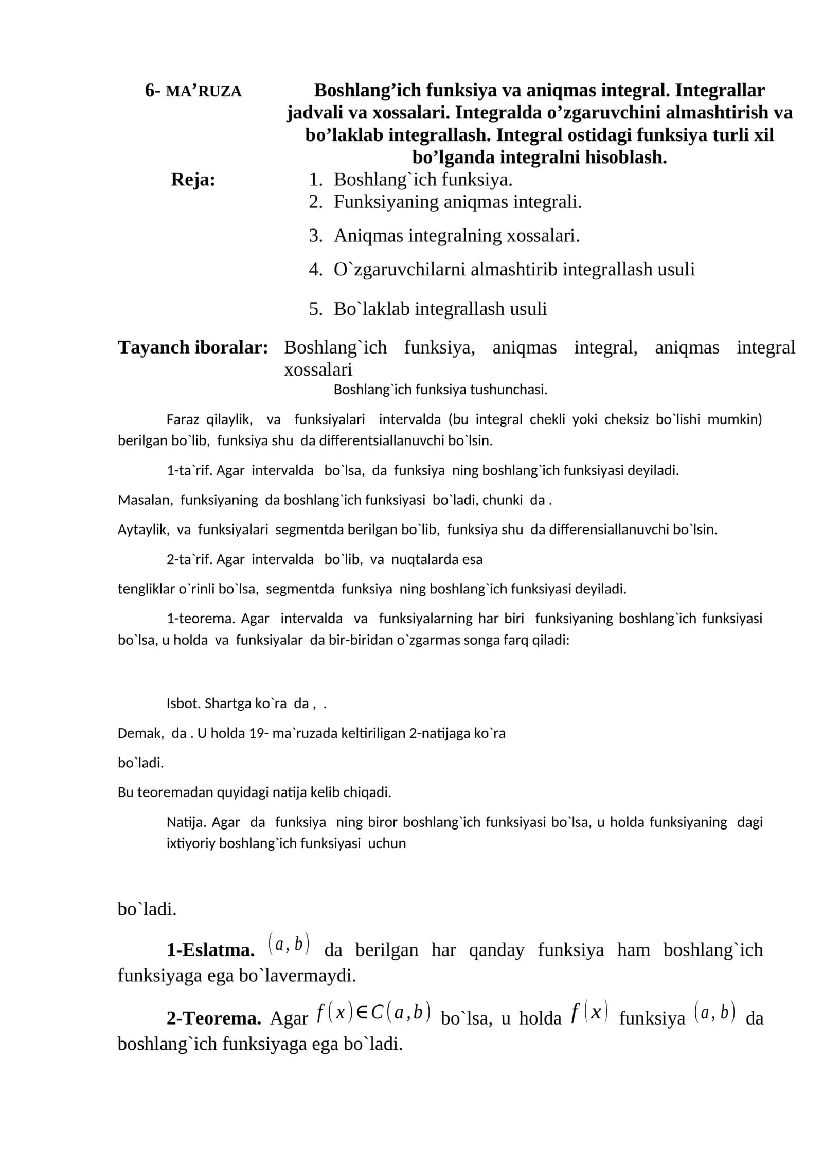 Boshlang`ich funksiya va aniqmas integral