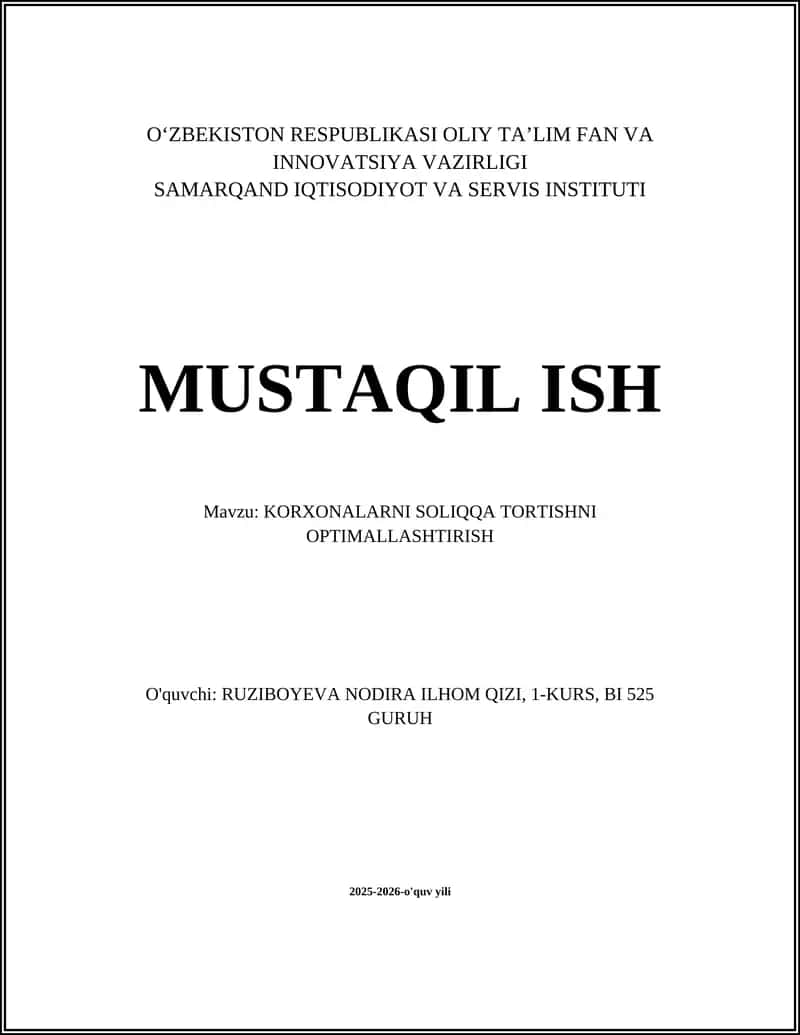 KORXONALARNI SOLIQQA TORTISHNI OPTIMALLASHTIRISH