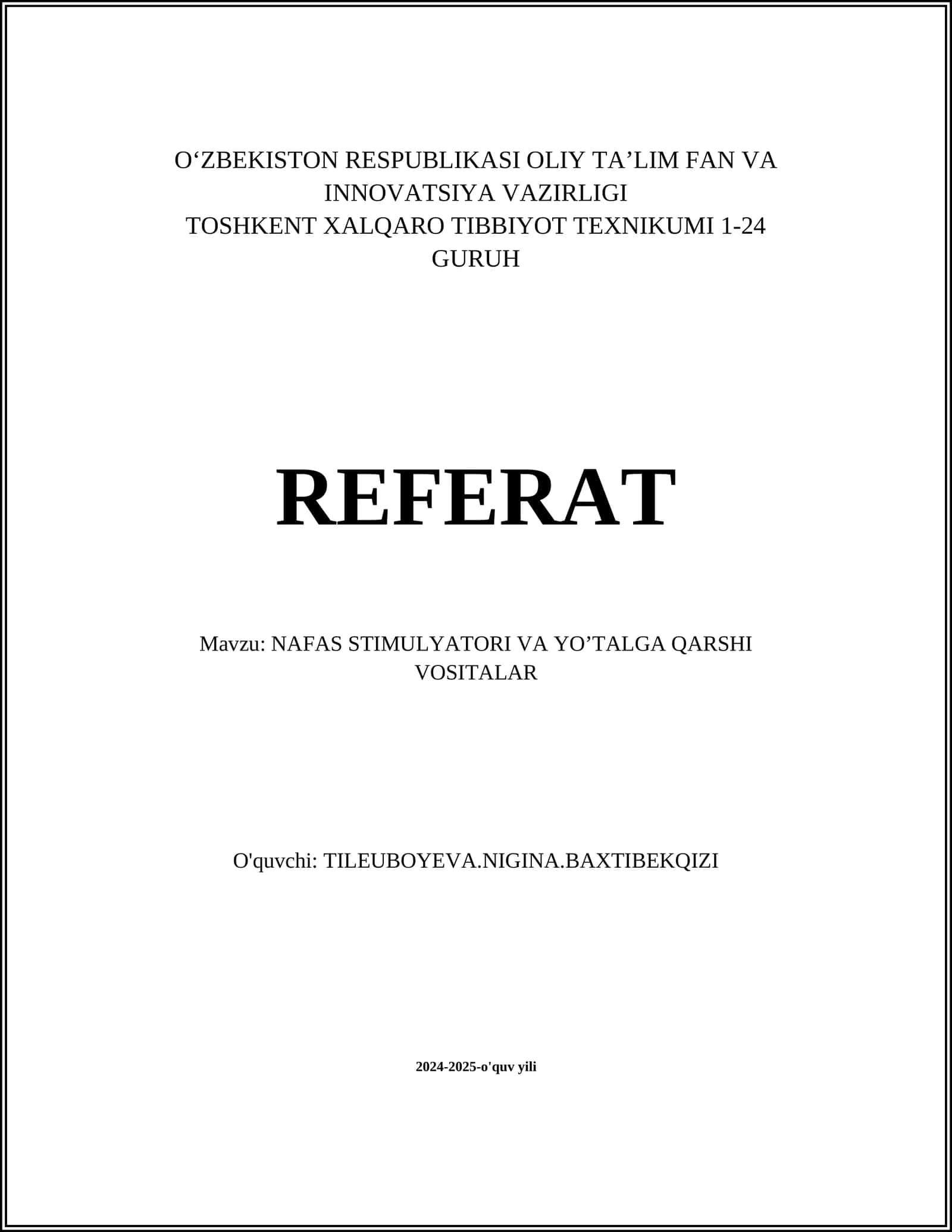 NAFAS STIMULYATORI VA YOʼTALGA QARSHI VOSITALAR