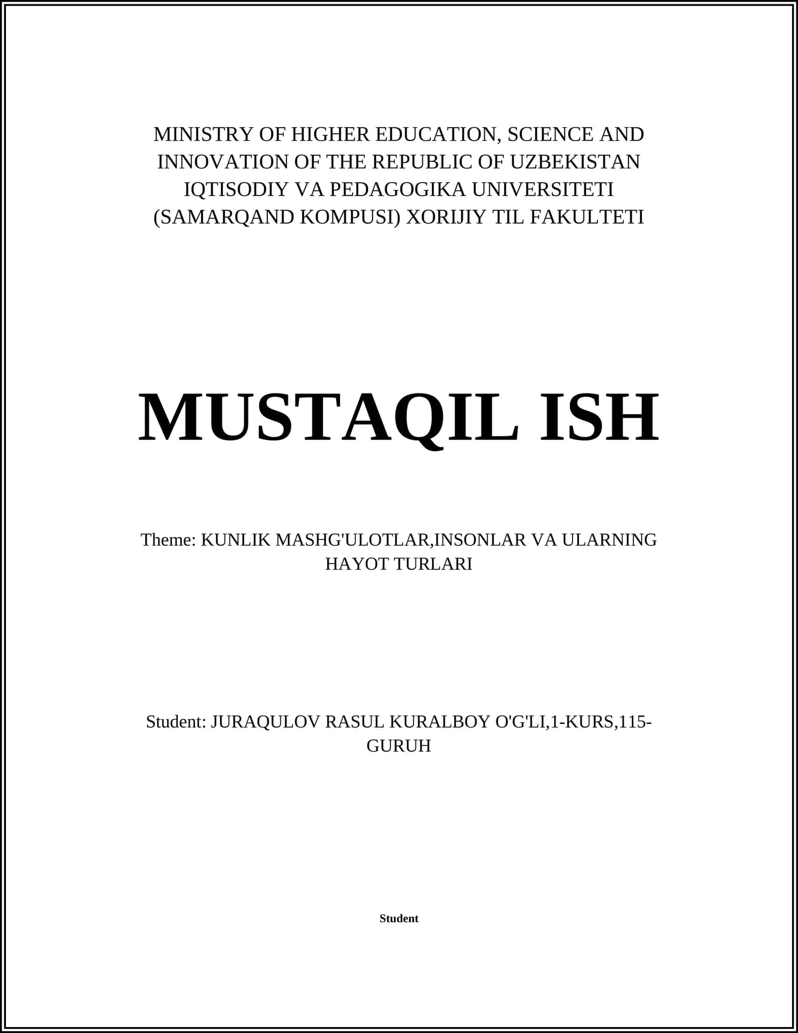 KUNLIK MASHG'ULOTLAR,INSONLAR VA ULARNING HAYOT TURLARI