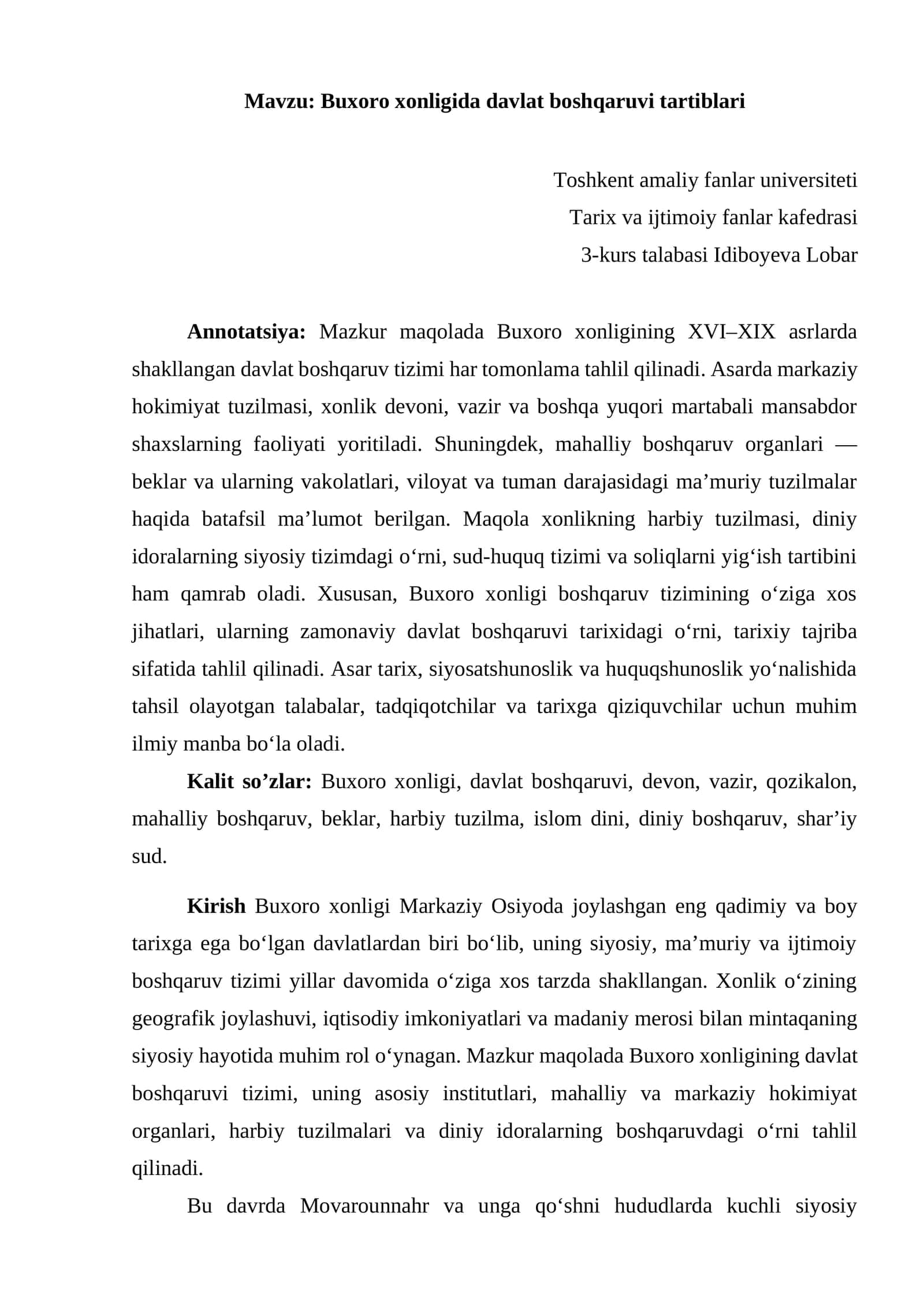 Buxoro xonligida davlat boshqaruvi tartiblari