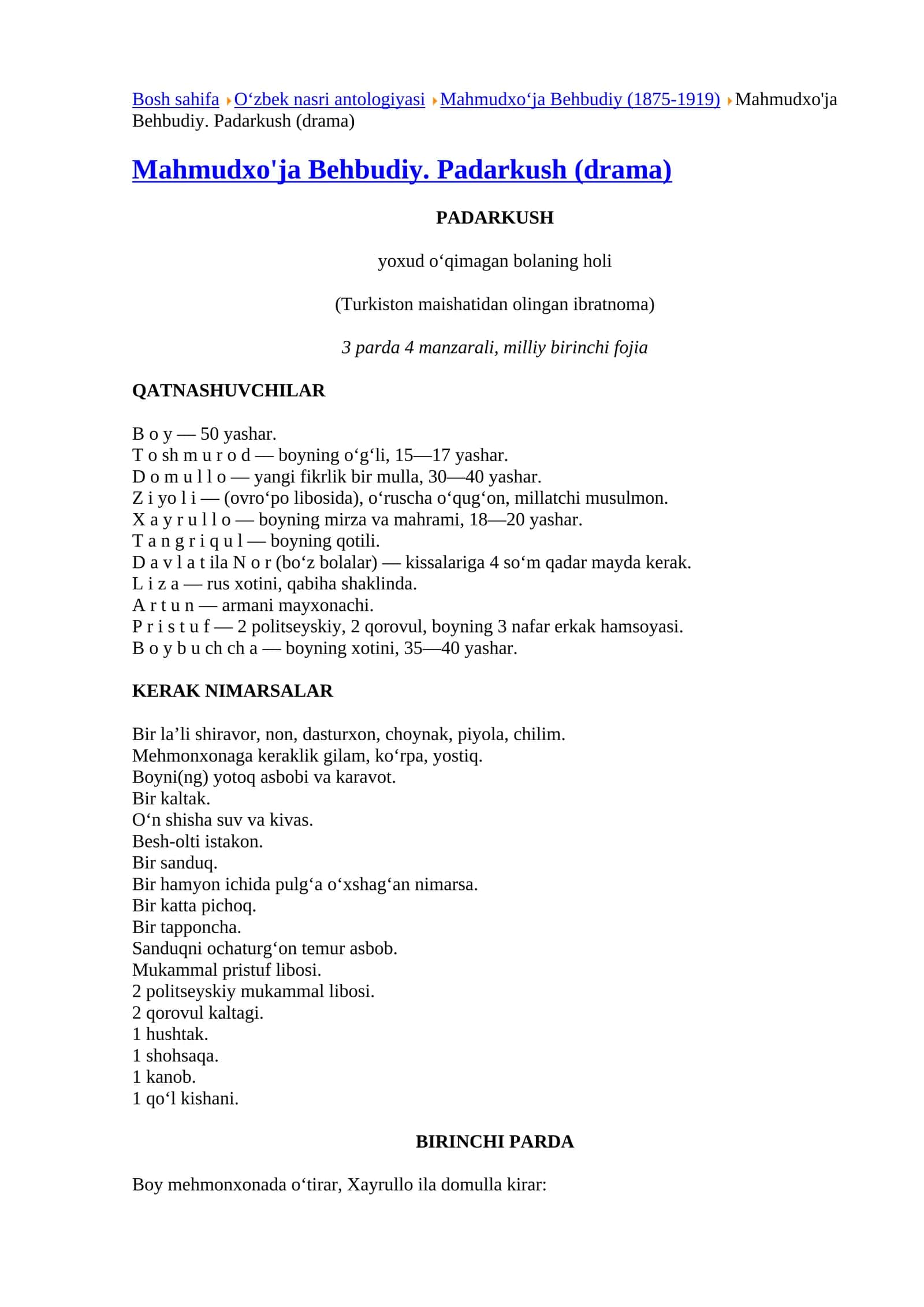 Mahmudxo'ja Behbudiy. Padarkush (drama)
