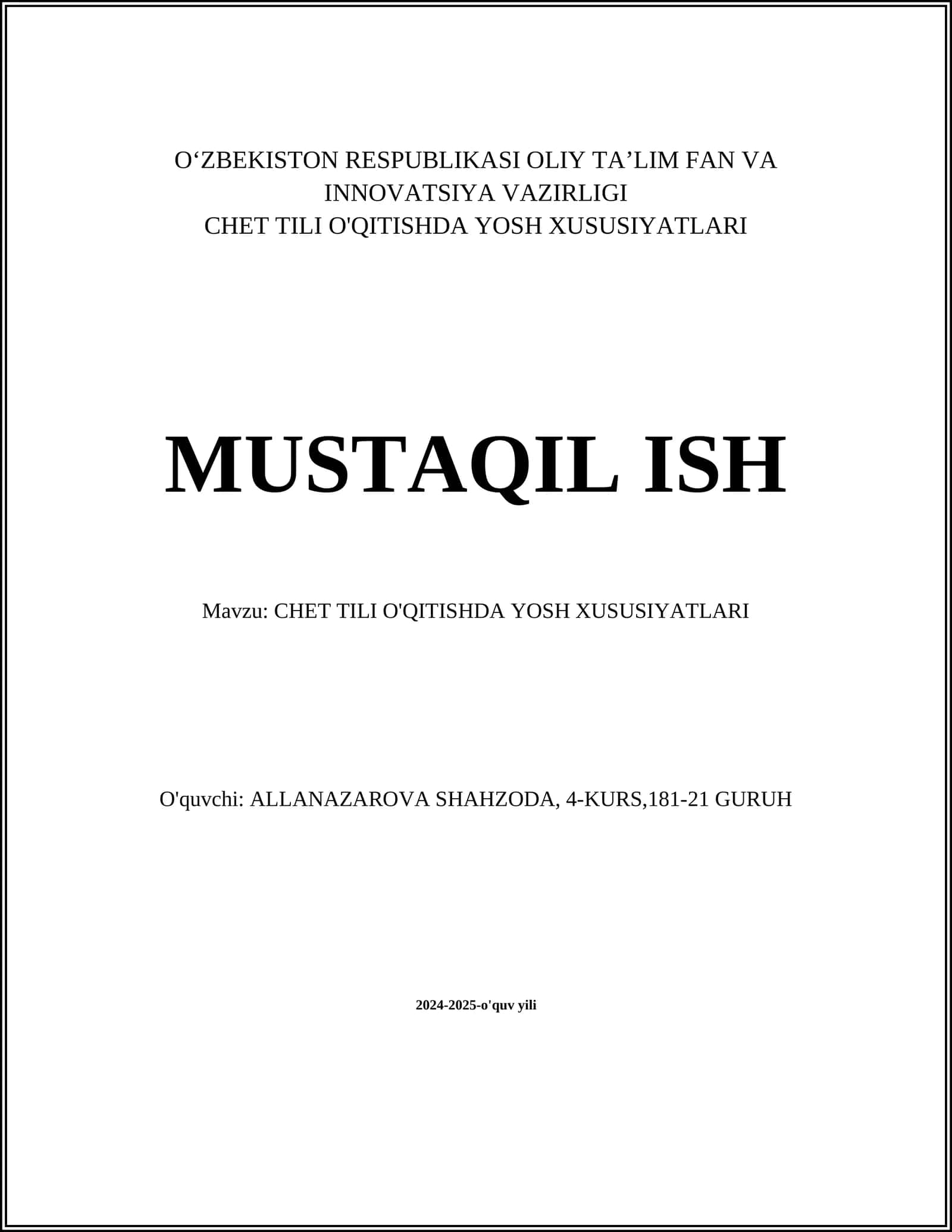 CHET TILI O'QITISHDA YOSH XUSUSIYATLARI