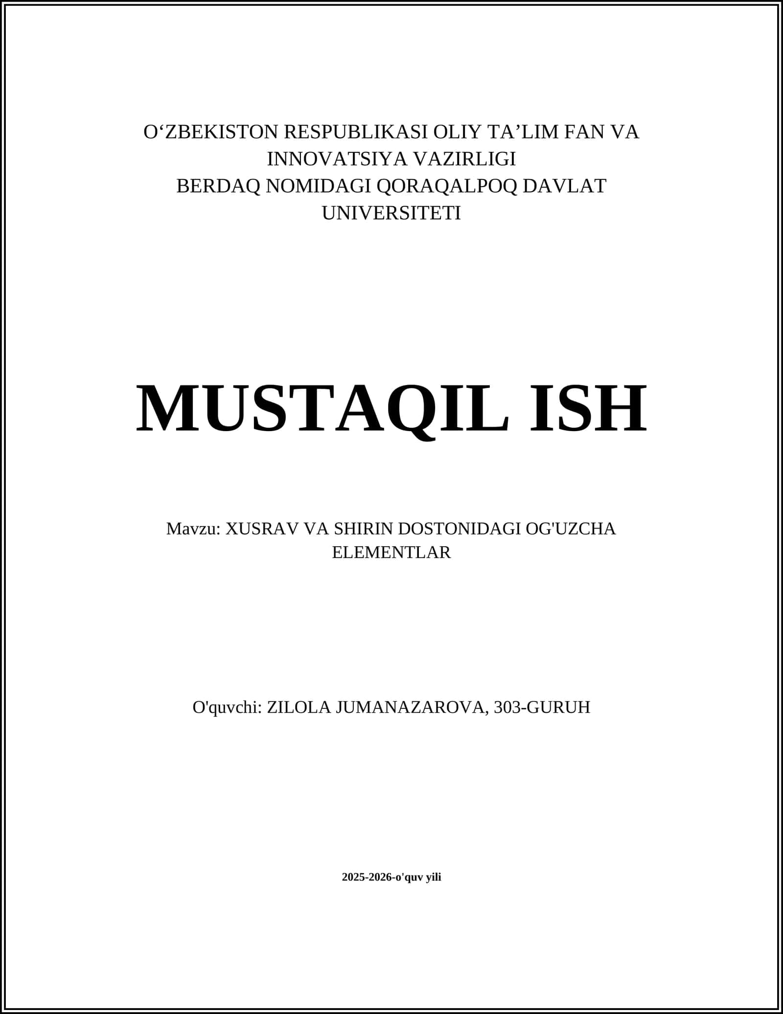 Xusrav va Shirin dostonidagi og'uzcha elementlar