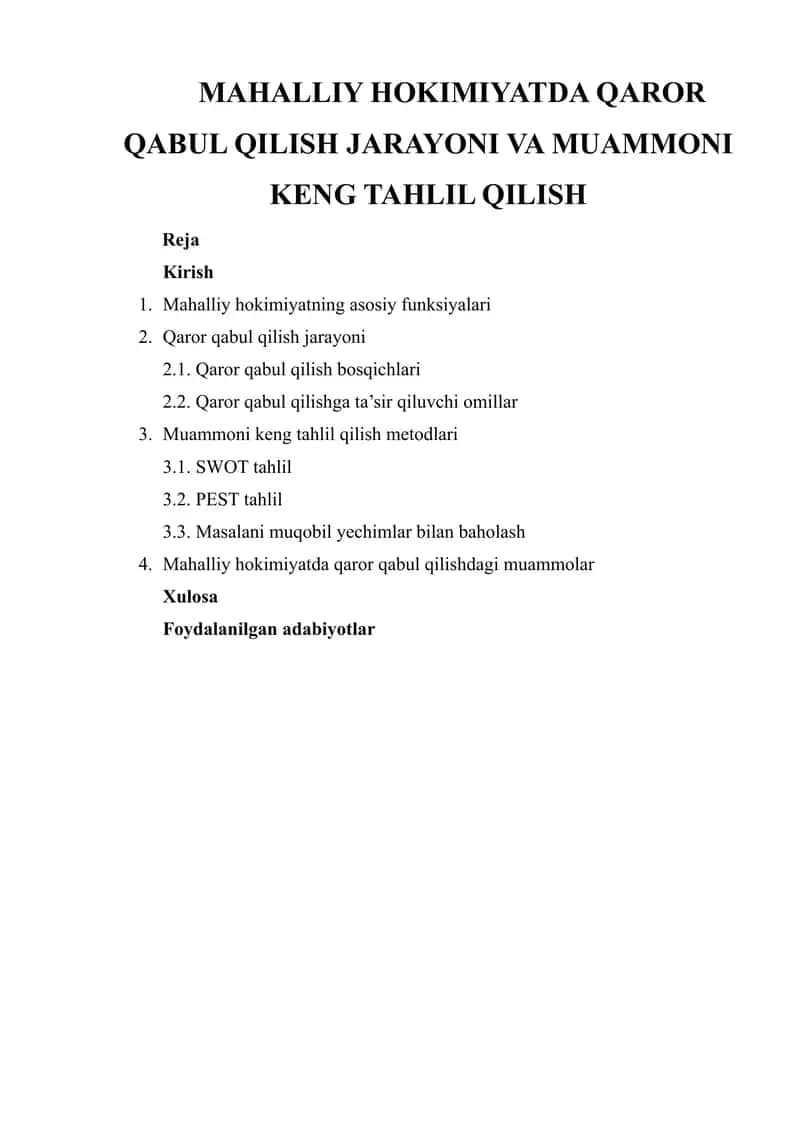 Mahalliy hokimiyatda Qaror Qabul Qilish Jarayoni va Muammoni Keng Tahlil Qilish