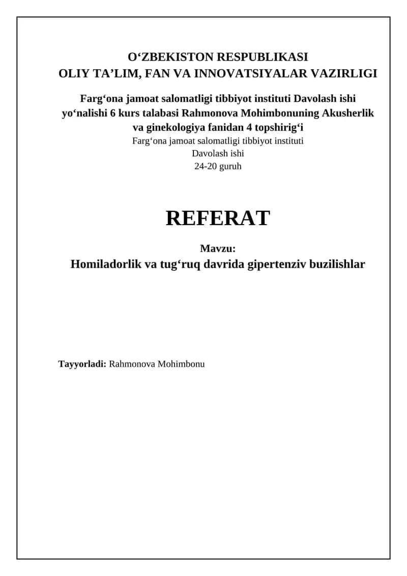Homiladorlik va tug‘ruq davrida gipertenziv buzilishlar