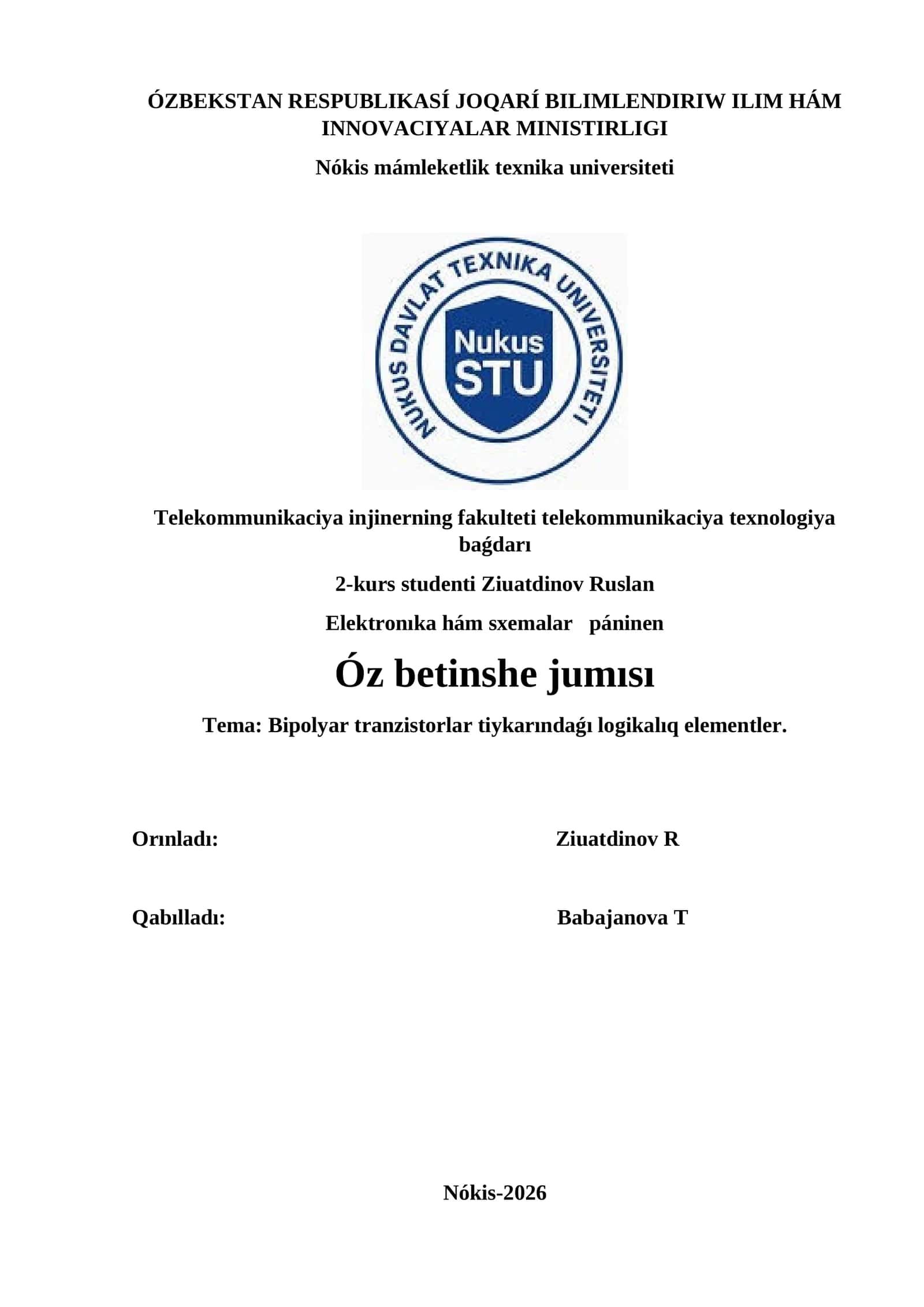 Bipolyar tranzistorlar tiykarındaǵı logikalıq elementler