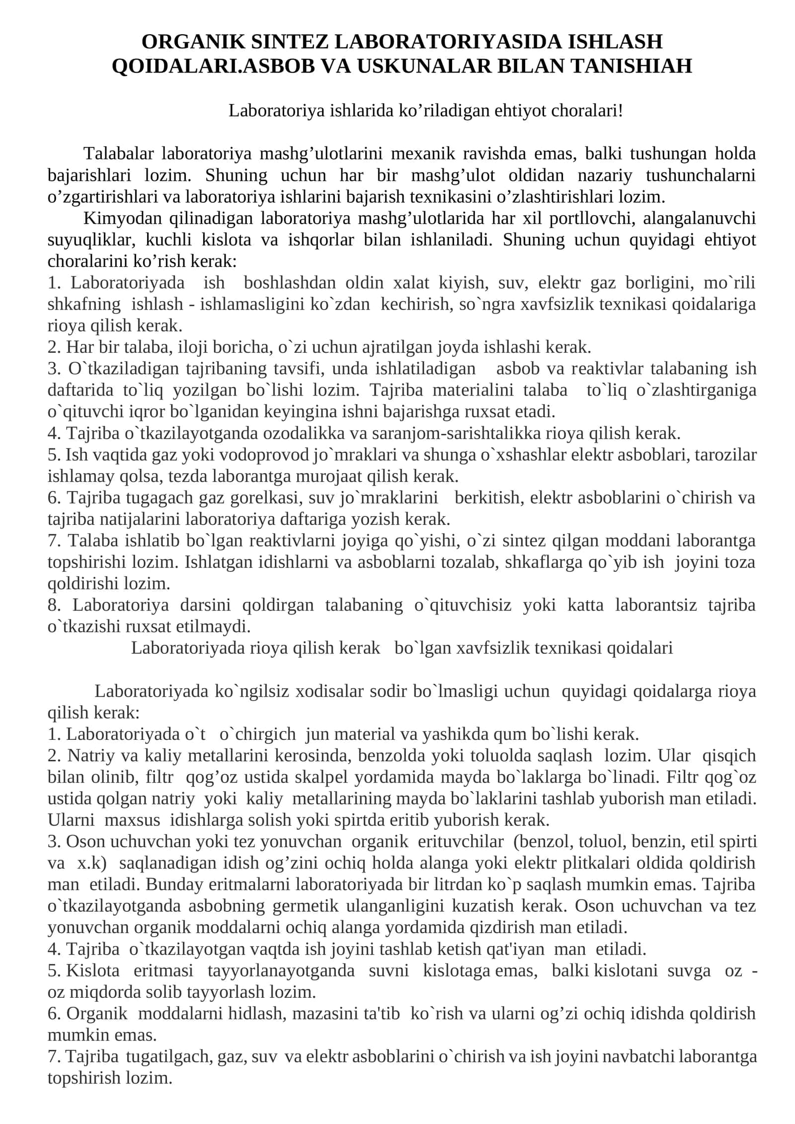 ORGANIK SINTEZ LABORATORIYASIDA ISHLASH QOIDALARI.ASBOB VA USKUNALAR BILAN TANISHIAH