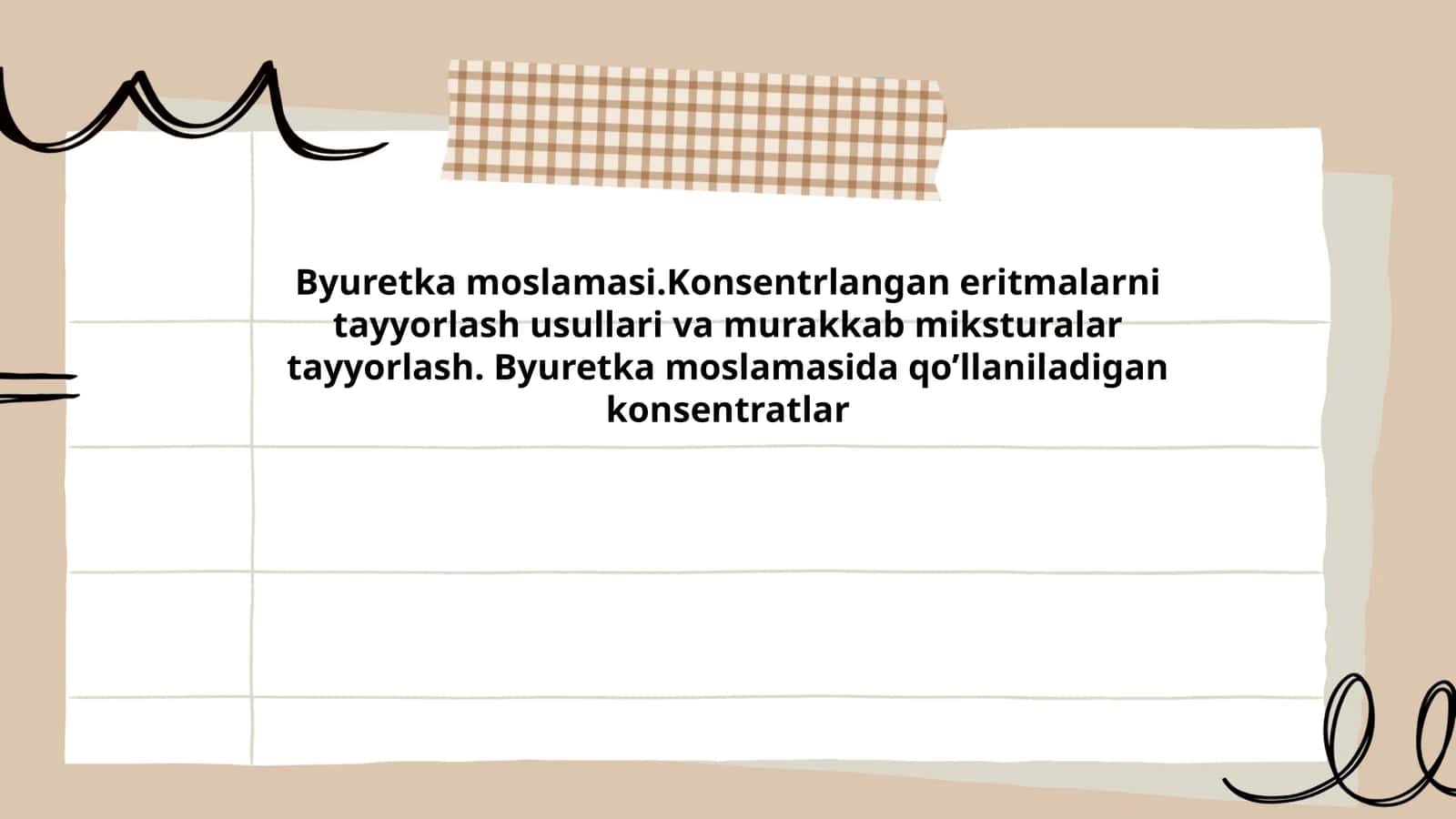 Byuretka moslamasi.Konsentrlangan eritmalarni tayyorlash usullari va murakkab miksturalar tayyorlash. Byuretka moslamasida qo’llaniladigan konsentratlar