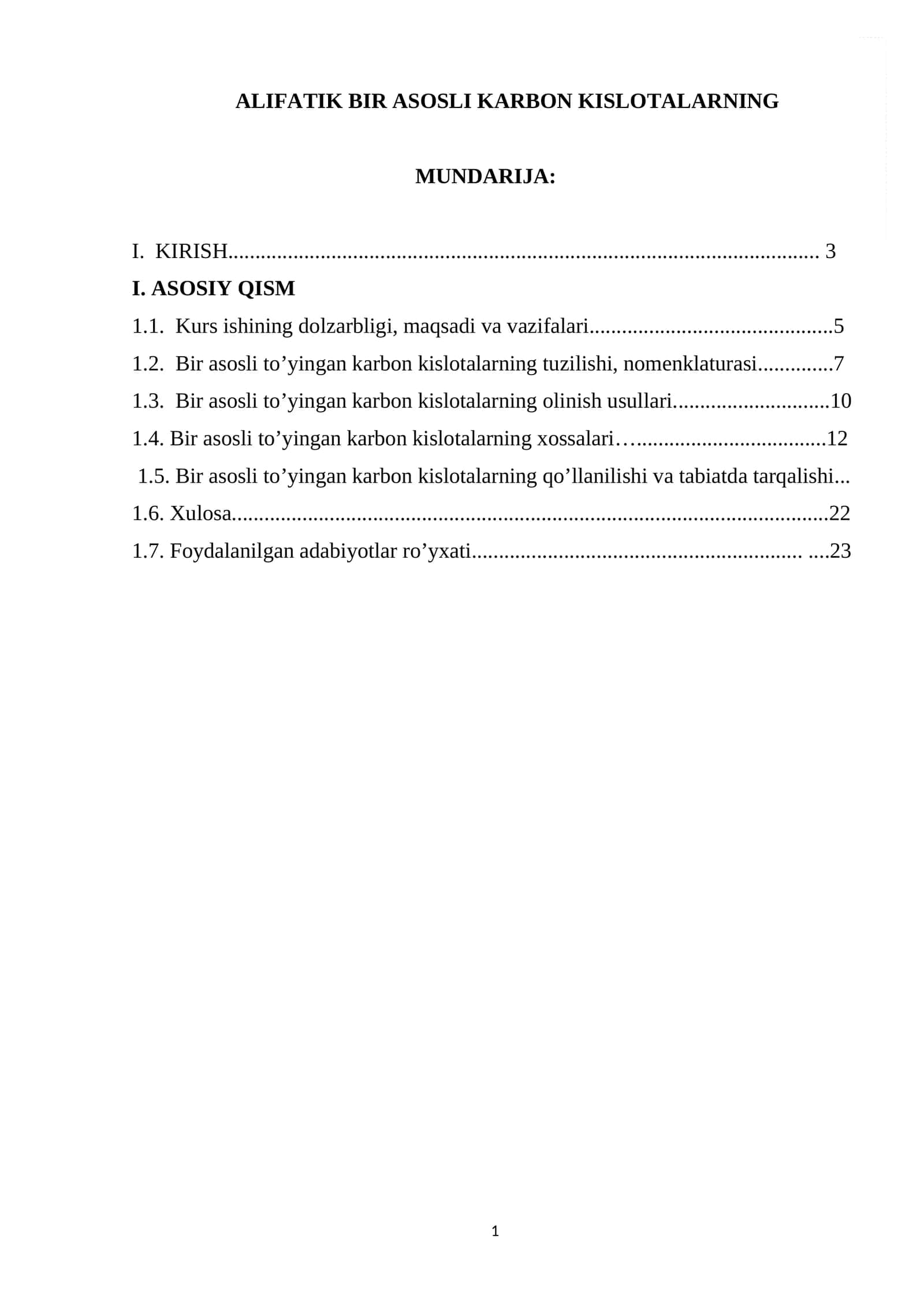 ALIFATIK BIR ASOSLI KARBON KISLOTALARNING